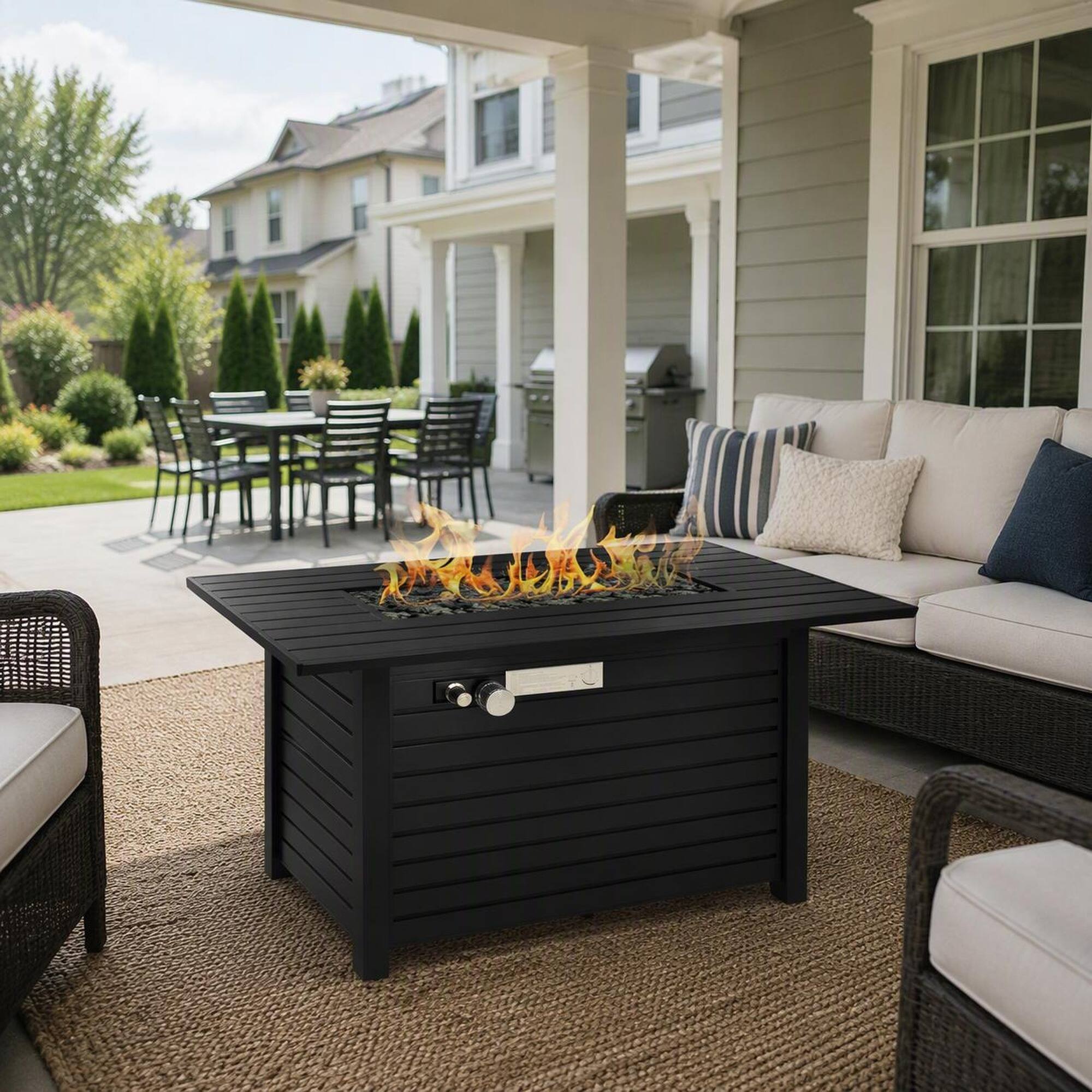 Back. RYHNUYNE - Outdoor Black Steel Fire Pit Table with Lid, 42"W x 25" H Rectangular Fire Table for Garden Deck Patio - Black.