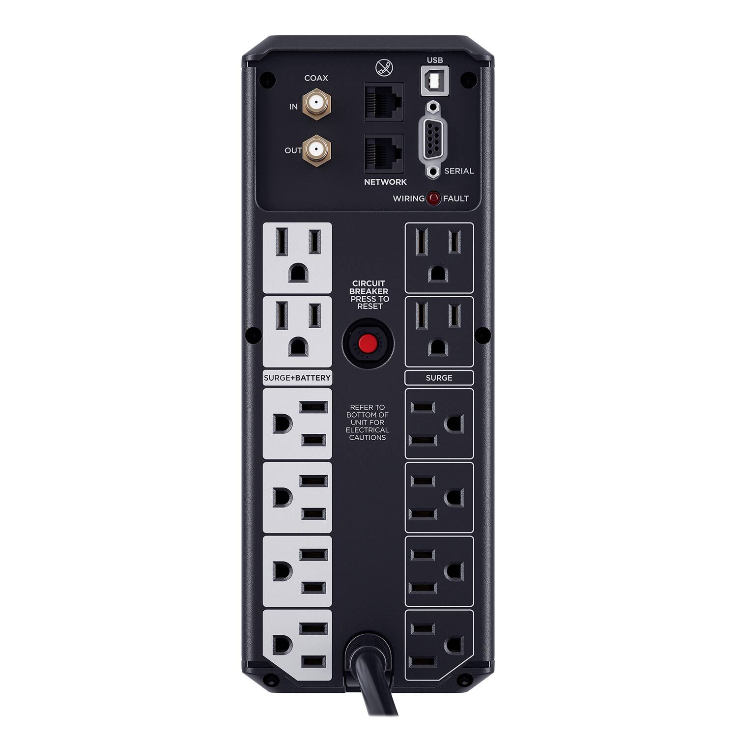 USB COAX IN OUT NETWORK SERIAL WIRING FAULT CIRCUIT BREAKER PRESS TO RESET SURGE+BATTERY SURGE REFER TO BOTTOM OF UNIT FOR ELECTRICAL CAUTIONS