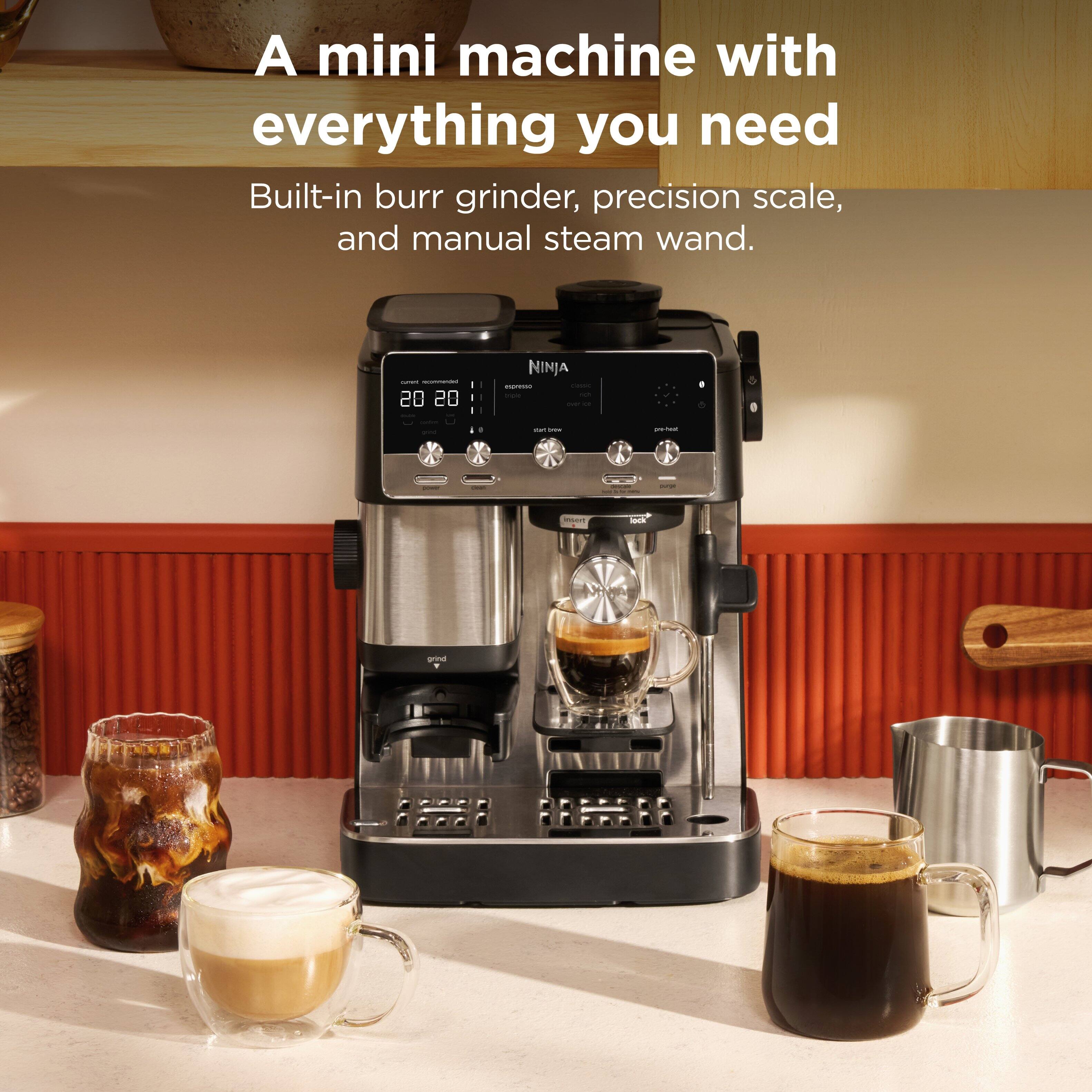 A mini machine with everything you need. Built-in burr grinder, precision scale, and manual steam wand.