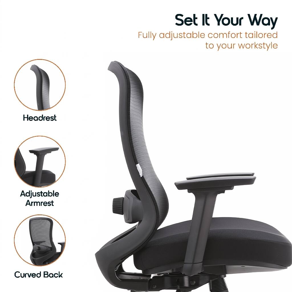 Set It Your Way  
Fully adjustable comfort tailored to your workstyle

- Headrest
- Adjustable Armrest
- Curved Back