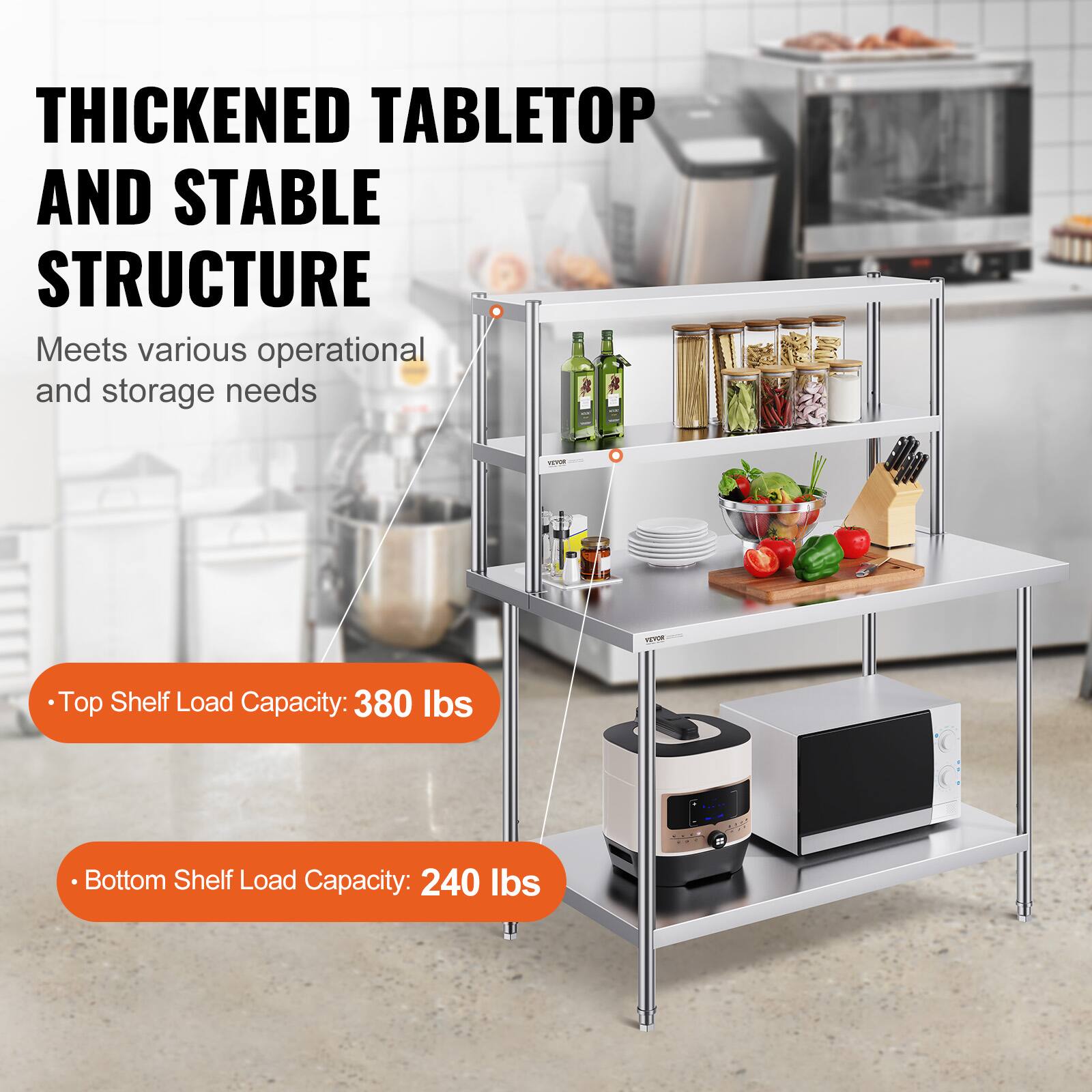 THICKENED TABLETOP AND STABLE STRUCTURE  
Meets various operational and storage needs  

- Top Shelf Load Capacity: 380 lbs  
- Bottom Shelf Load Capacity: 240 lbs