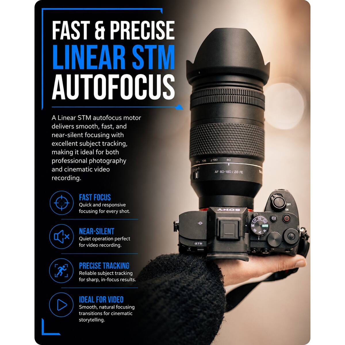 FAST & PRECISE LINEAR STM AUTOFOCUS

A Linear STM autofocus motor delivers smooth, fast, and near-silent focusing with excellent subject tracking, making it ideal for both professional photography and cinematic video AF recording.

FAST FOCUS
Quick and responsive focusing for every shot.

NEAR-SILENT
Quiet operation perfect for video recording.

PRECISE TRACKING
Reliable subject tracking for sharp, in-focus results.

IDEAL FOR VIDEO
Smooth, natural focusing transitions for cinematic storytelling.
