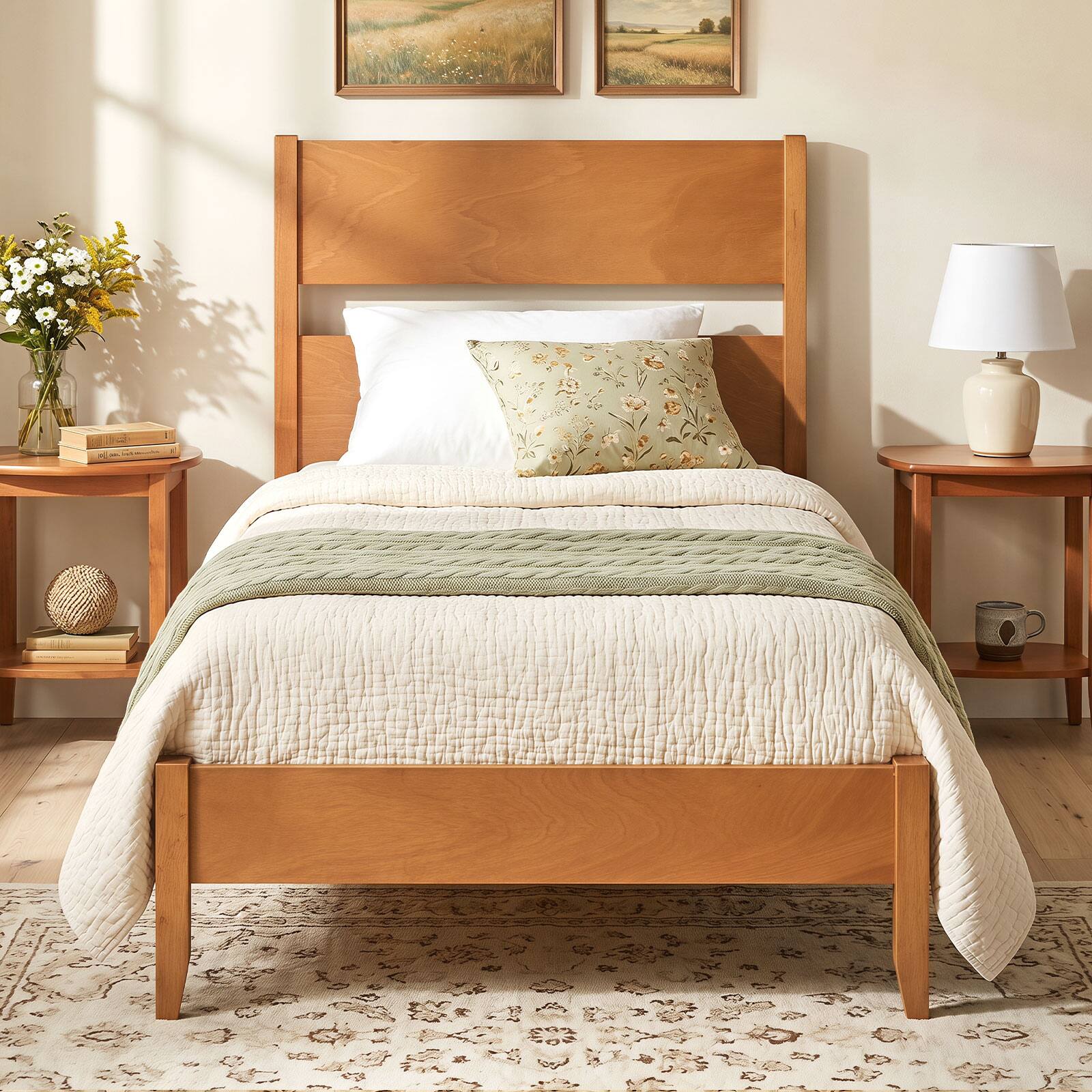 Alt View 5. Costway - Costway Twin Bed Frame with Headboard, Solid Wood Legs, 12 Slats, No Box Spring Needed - Warm Brown.