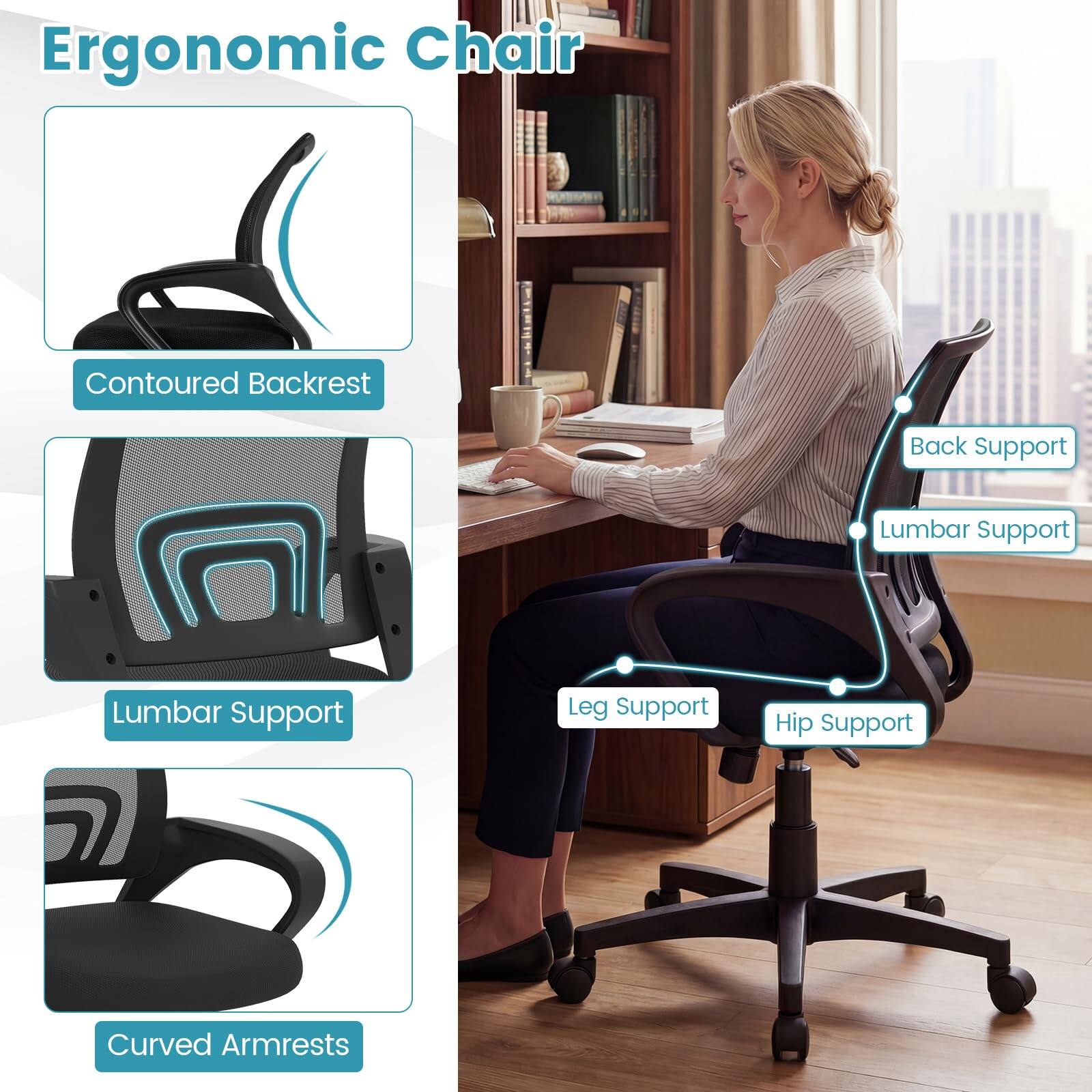 Ergonomic Chair  
- Contoured Backrest  
- Back Support  
- Lumbar Support  
- Leg Support  
- Hip Support  
- Curved Armrests