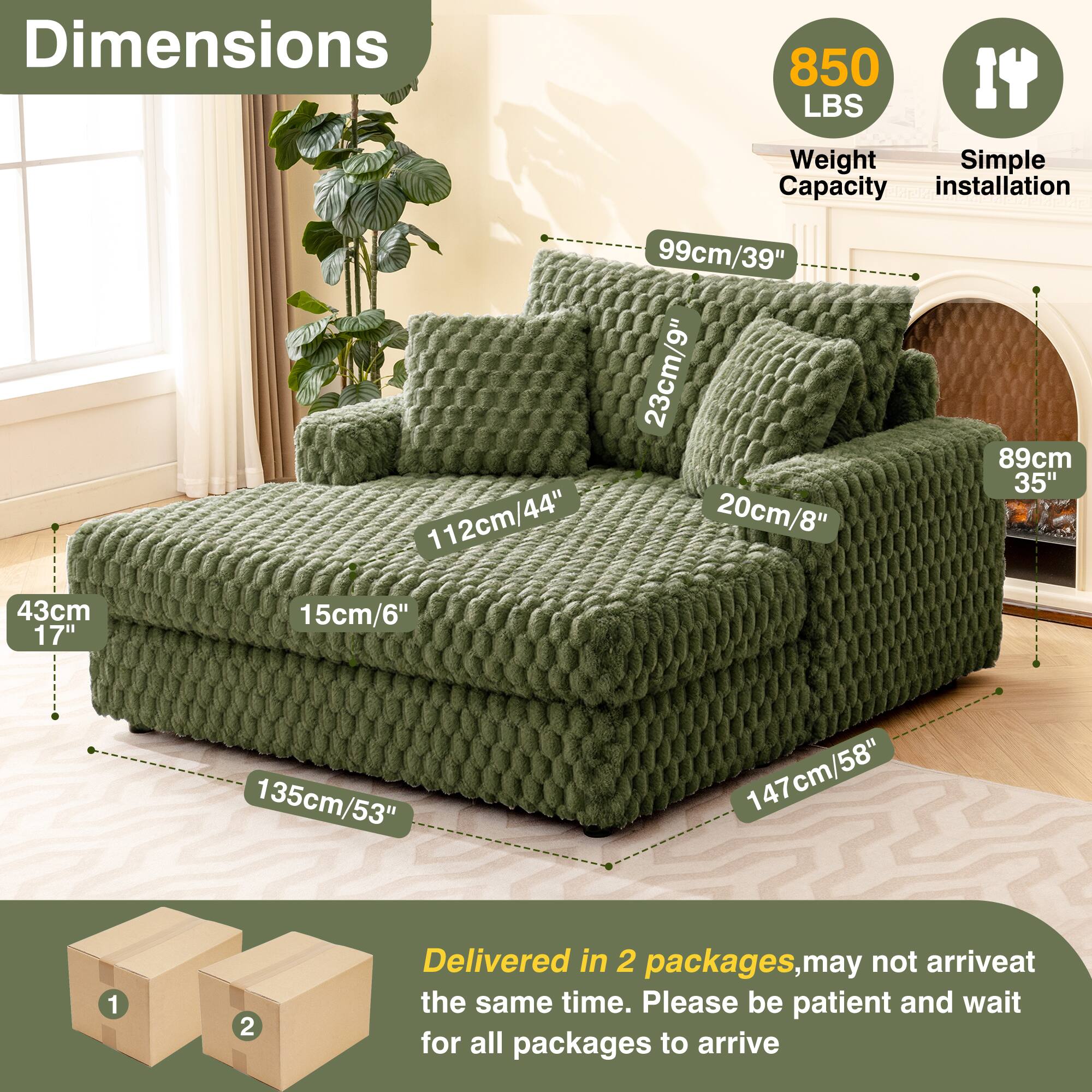 Dimensions: 147cm/58", 135cm/53", 112cm/44", 99cm/39", 89cm/35", 43cm/17", 23cm/9", 20cm/8", 15cm/6"

Weight Capacity: 850 LBS

Installation: Simple

Delivered in 2 packages, may not arrive at the same time. Please be patient and wait for all packages to arrive.