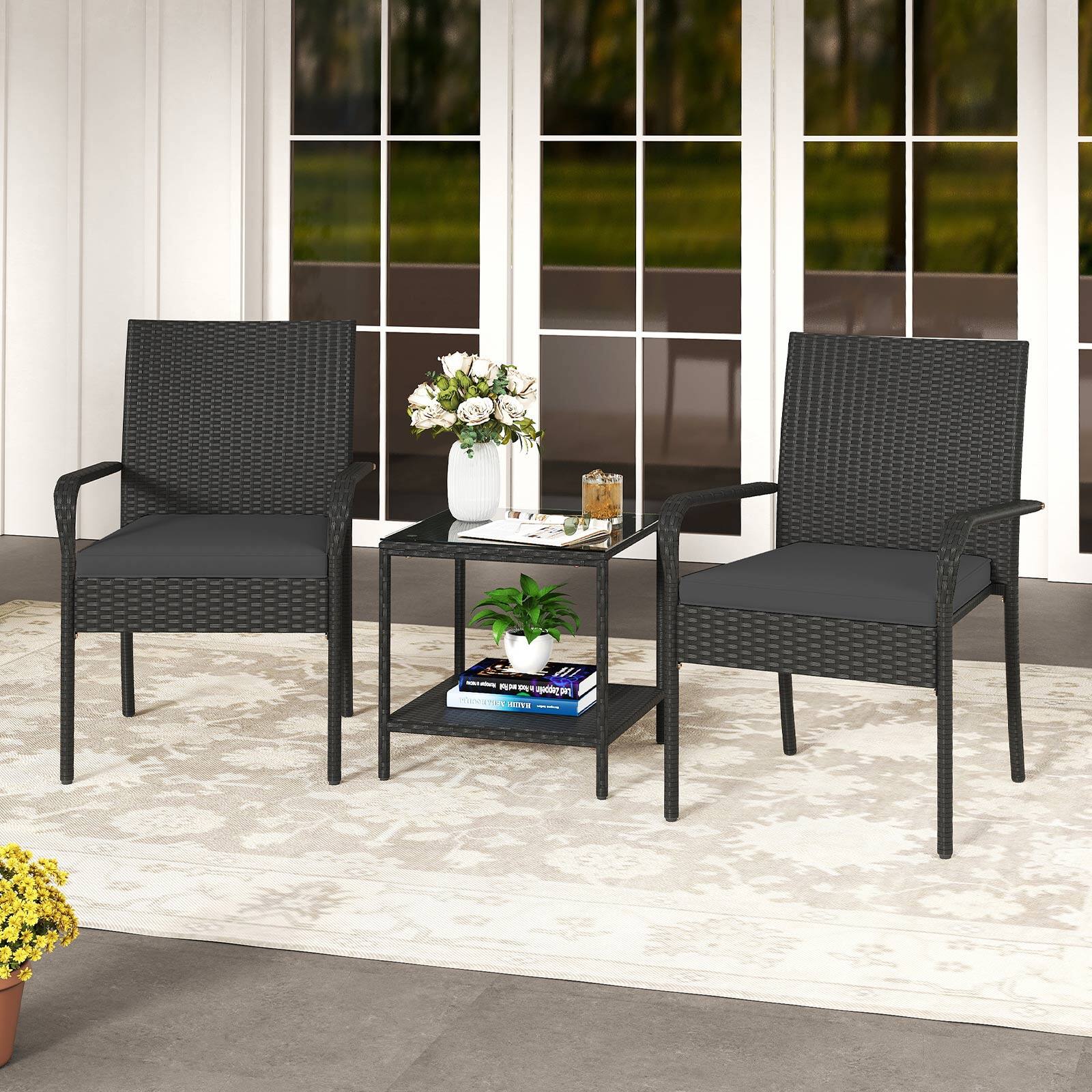 Alt View 3. Gymax - Gymax 3 Piece Patio Furniture Set Outdoor Wicker Chair & Table Set w/ Seat Cushions Black - Black.