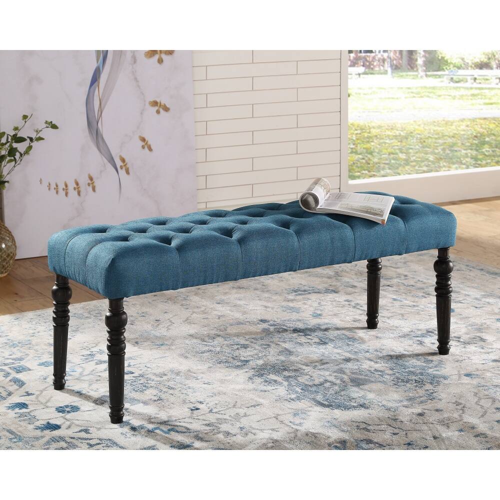 Front. PDTEND - Vintage Blue Dining Bench with Turned Leg for Dining and Living Room - Blue.