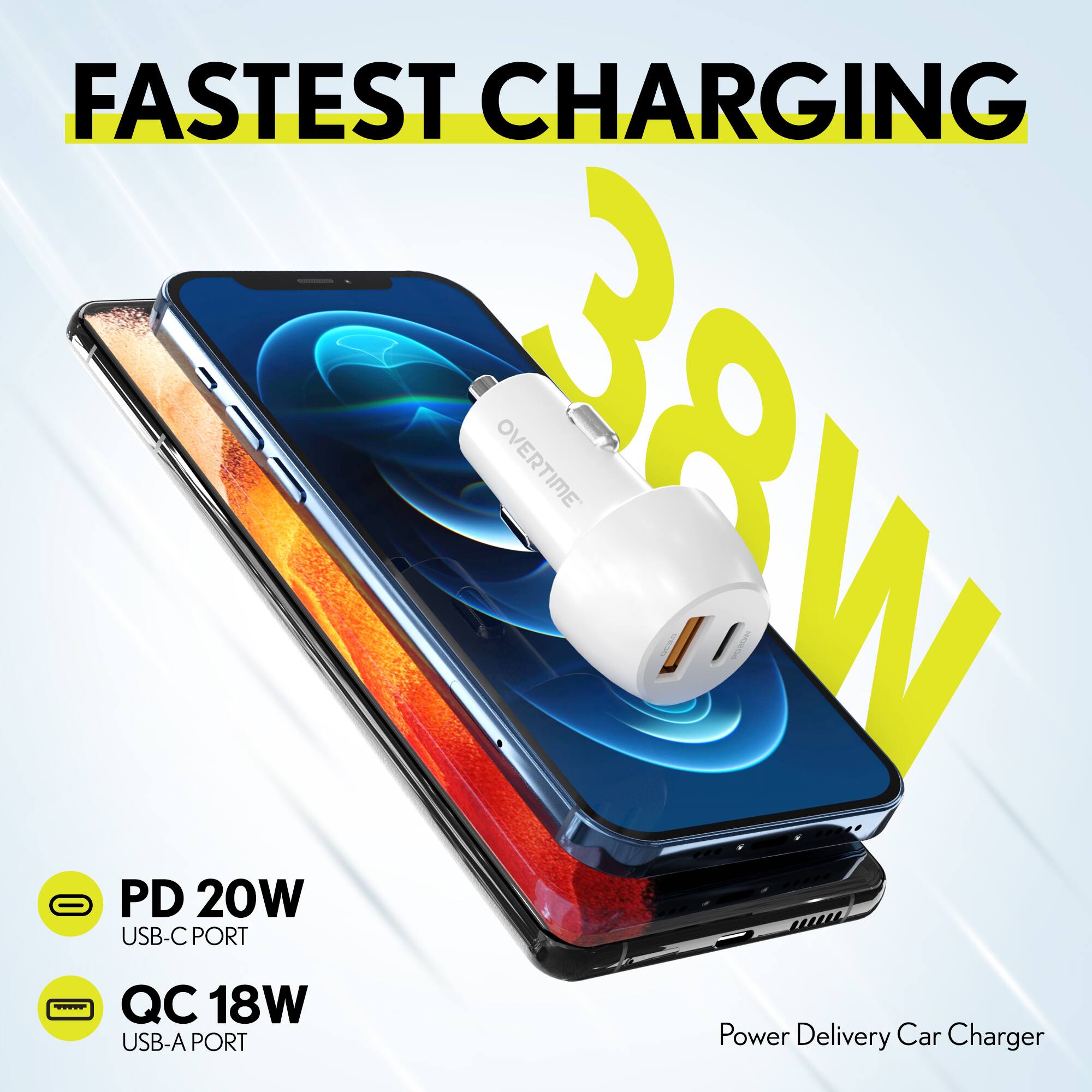 FASTEST CHARGING  
38W  

PD 20W  
USB-C PORT  

QC 18W  
USB-A PORT  

Power Delivery Car Charger