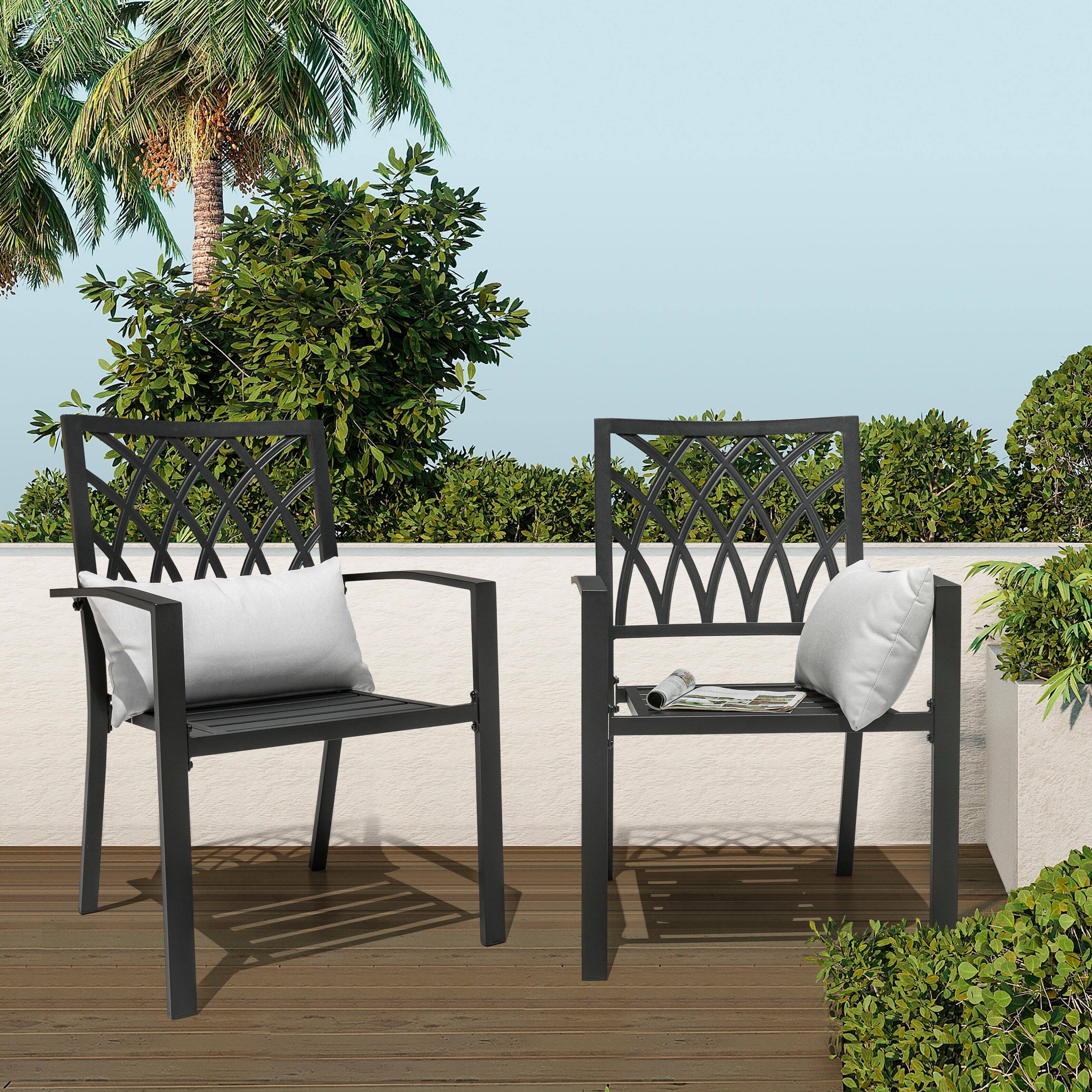 Angle. Nuu Garden - Outdoor 2-Piece Patio Chair Set, Powder-coated Iron, Lattice Pattern - Black.