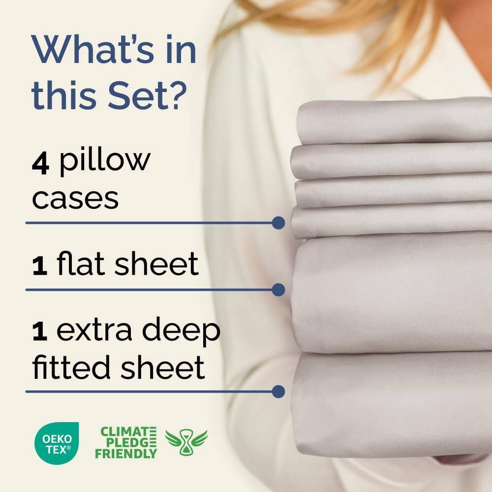 What's in this Set?

4 pillow cases

1 flat sheet

1 extra deep fitted sheet

CLIMATE PLEDGE FRIENDLY

OEKO TEX