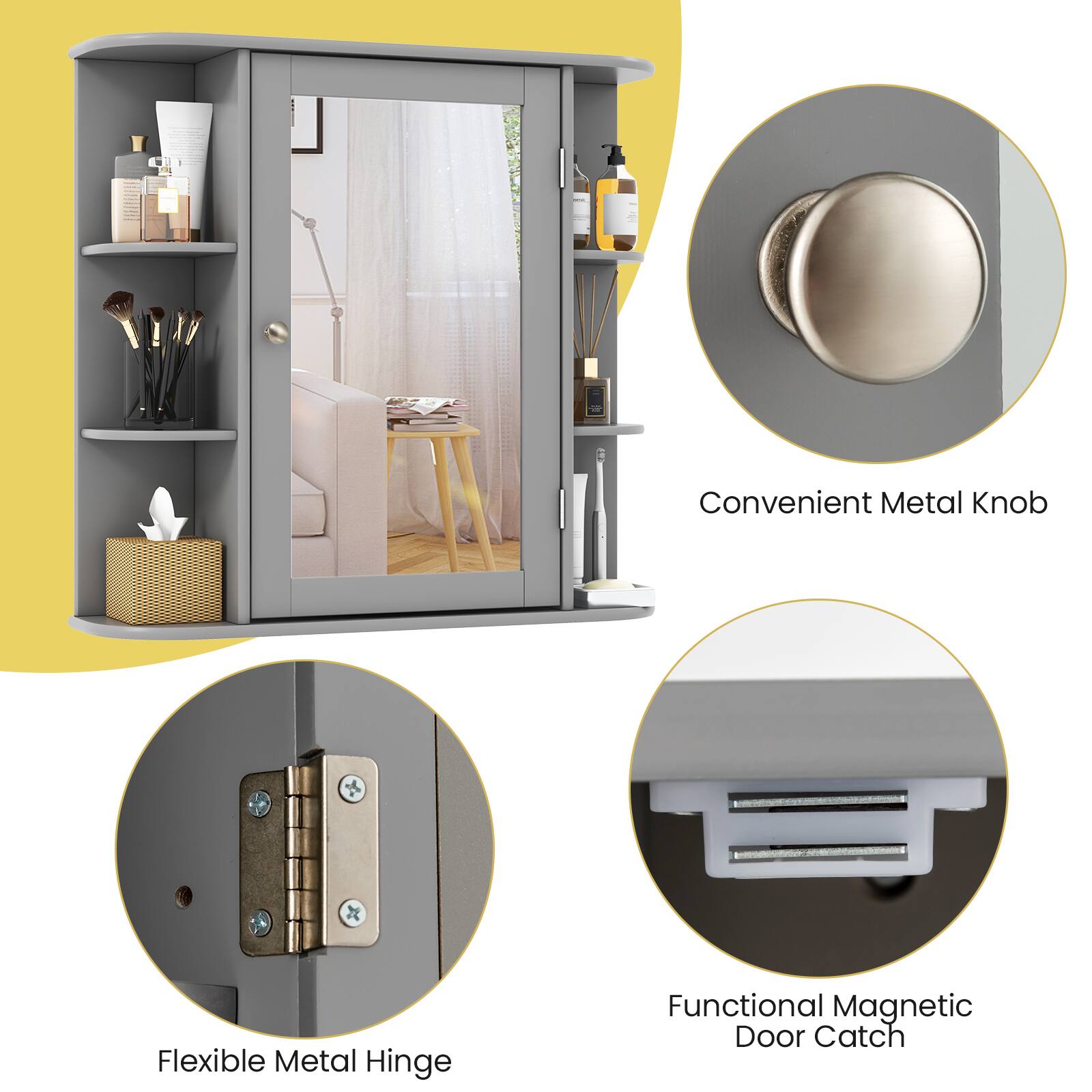 Convenient Metal Knob  
Flexible Metal Hinge  
Functional Magnetic Door Catch
