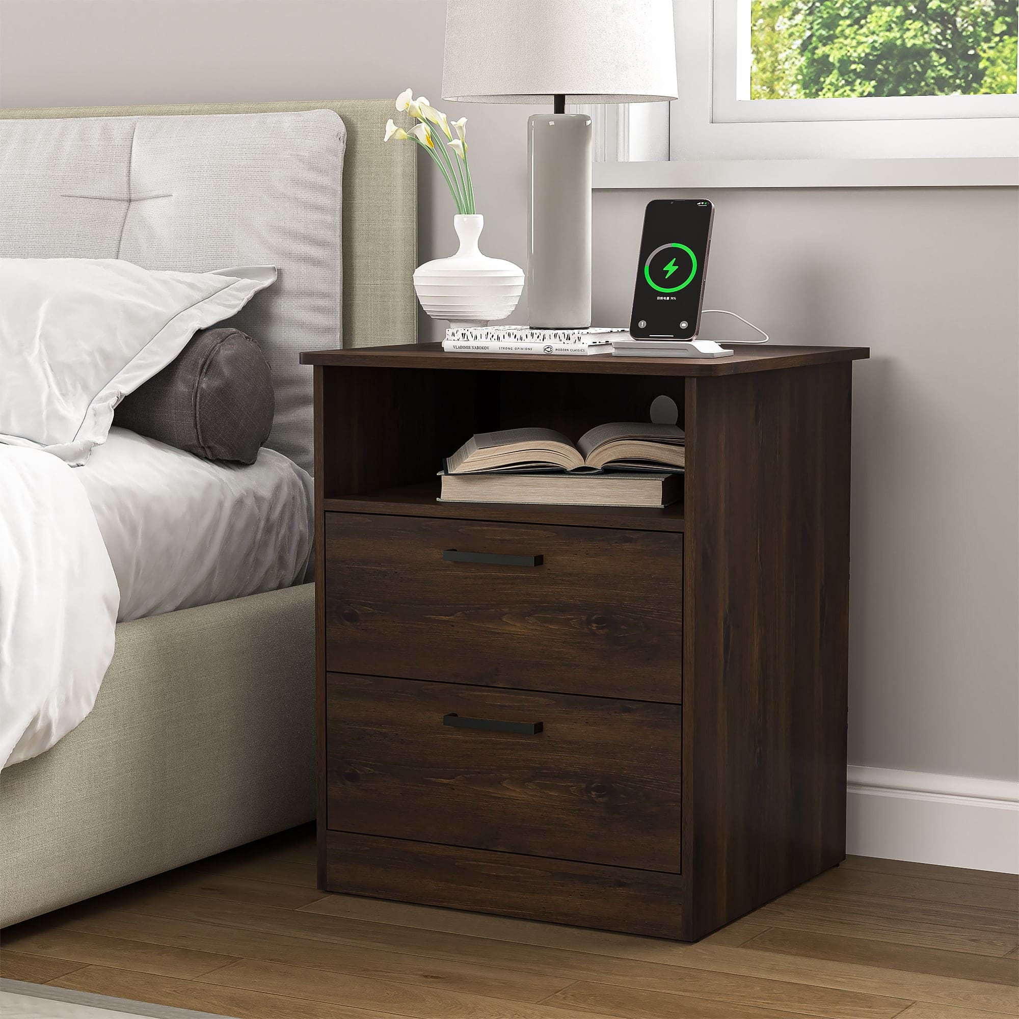 Front. Kadyn - Wood Nightstand With Charging Station, Bedside Table With 2 Drawers, Bedroom Nightstand - Brown.