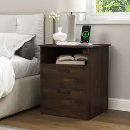 Kadyn - Wood Nightstand With Charging Station, Bedside Table With 2 Drawers, Bedroom Nightstand - Brown