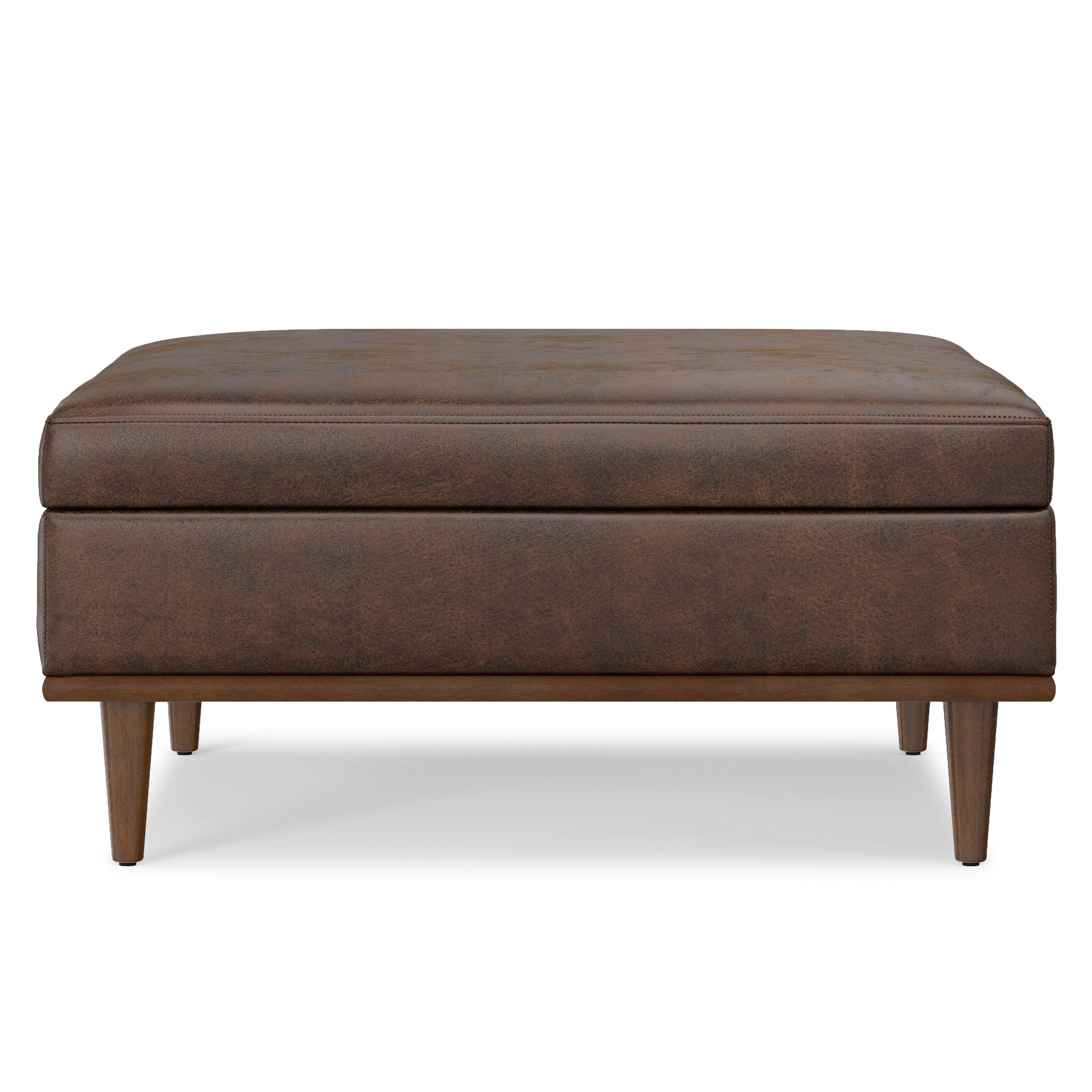 Left. Simpli Home - Shiloh 38 inch Transitional Contemporary Storage Ottoman in Distressed Chestnut Brown Vegan Faux Leather, Assembled - Distressed Chestnut Brown.