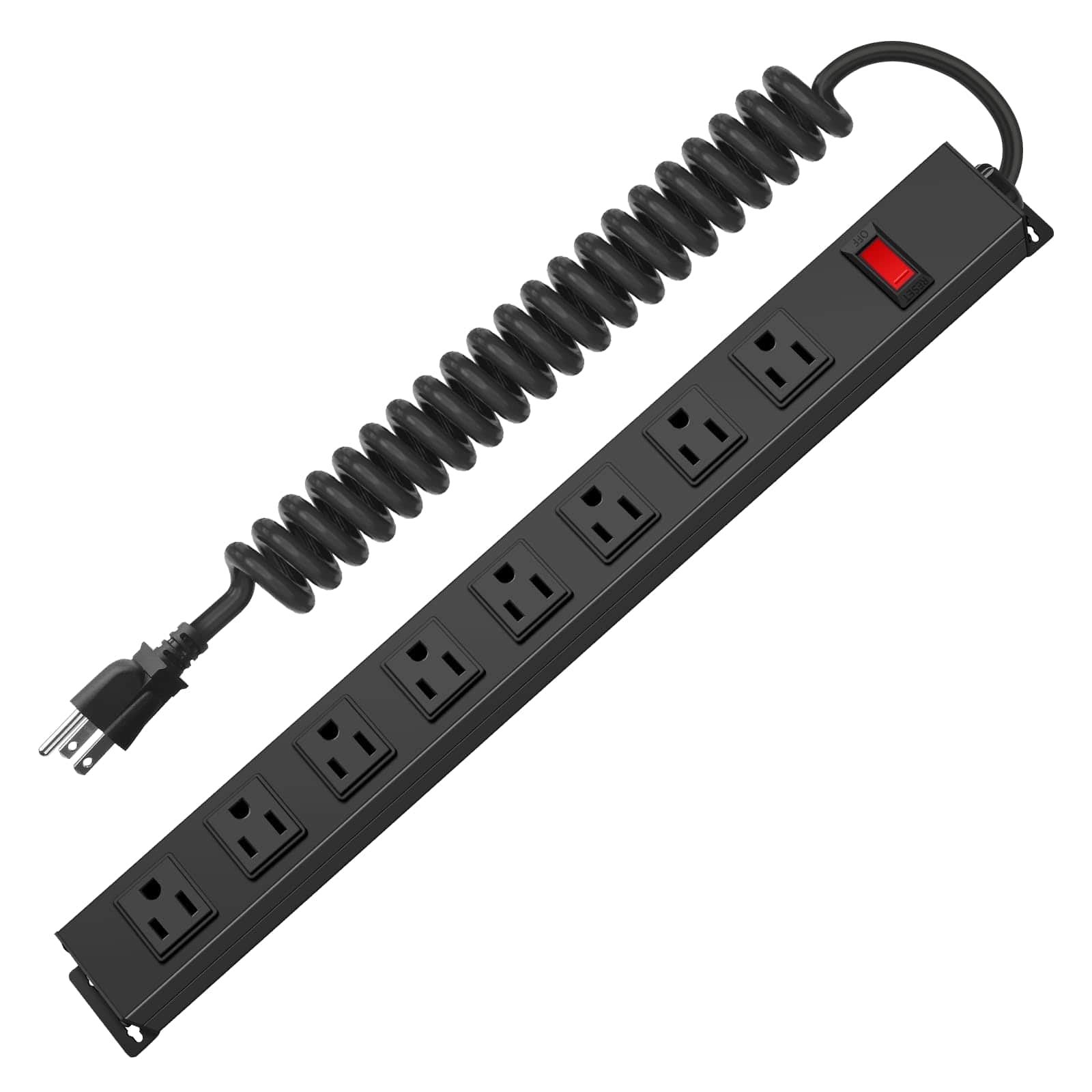Dazzed Corner - 8 Outlet Metal Wall Mount Power Strip, 6FT Spring Cord - Black