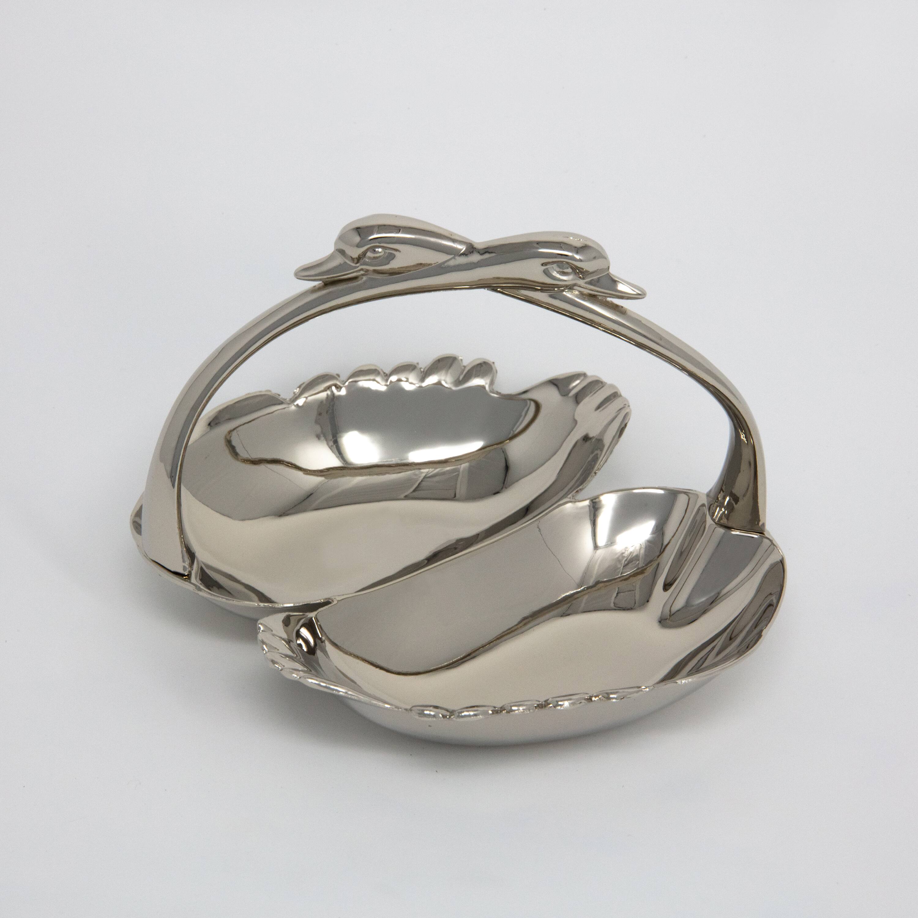 Angle. Jiallo - Large swan double dish - 7 X 6 X 5" - Silver.