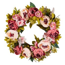 VEVOR - Artificial Decorative Wreath, 19 in, Decorated with Peonies, Hydrangeas, Babysbreath, Year Round Wreath - Pink
