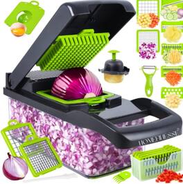 PARKER SLATER - 16-in-1 Multifunctional Vegetable Chopper, 8-Blade Food Slicer & Dicer with Container – Adjustable Veggie Cutter for Oni - Gray/Green