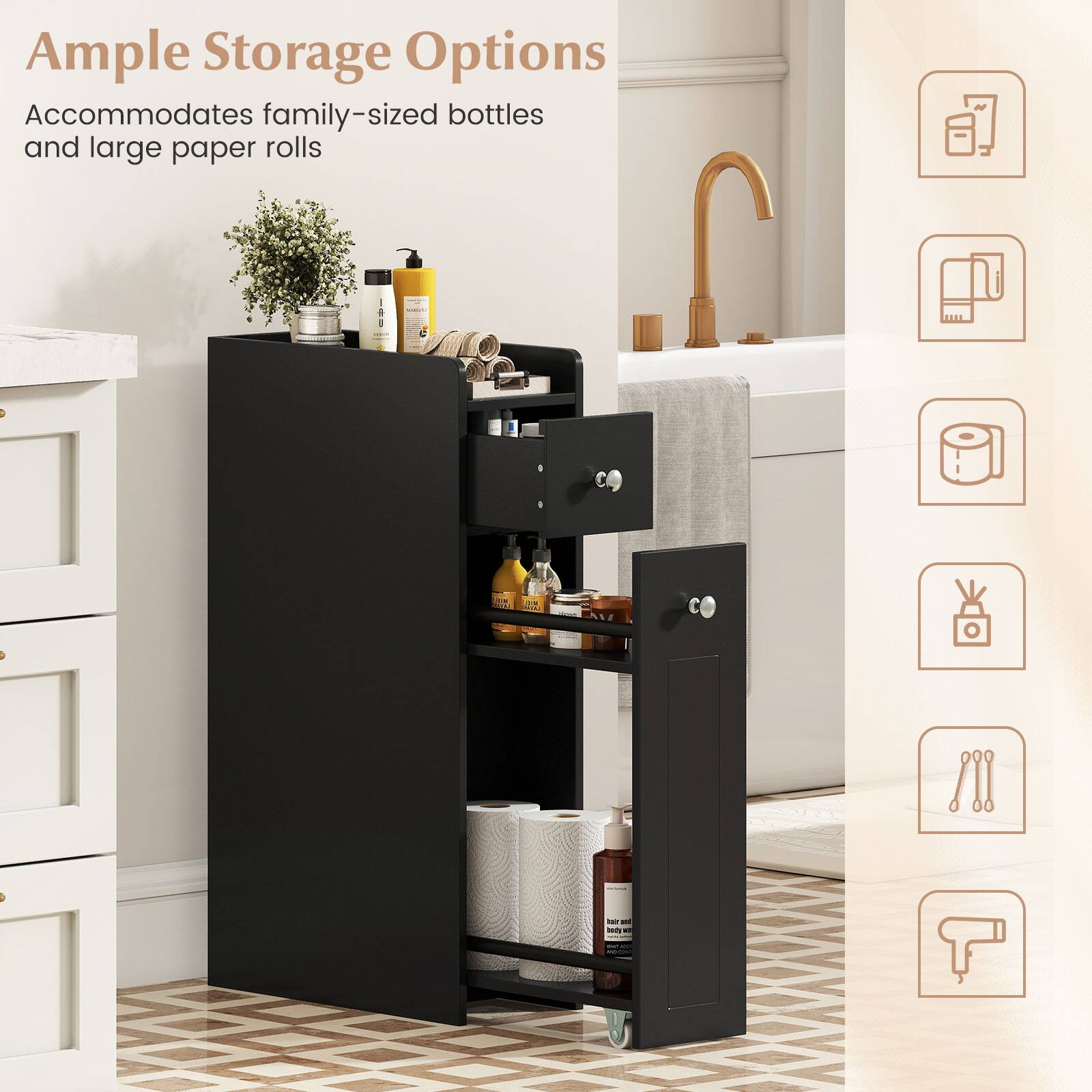 Ample Storage Options  
Accommodates family-sized bottles and large paper rolls