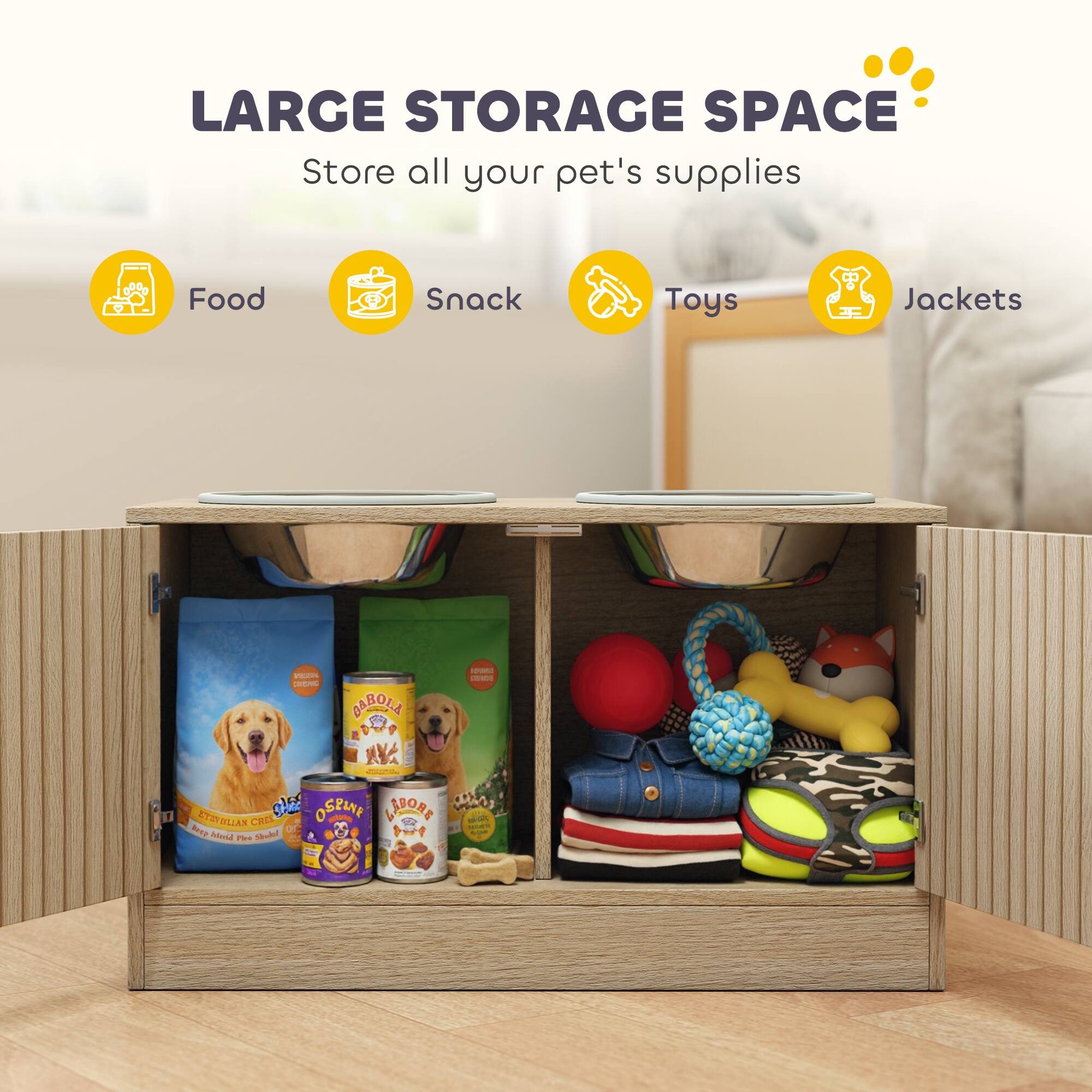 LARGE STORAGE SPACE  
Store all your pet's supplies  
Food  
Snack  
Toys  
Jackets