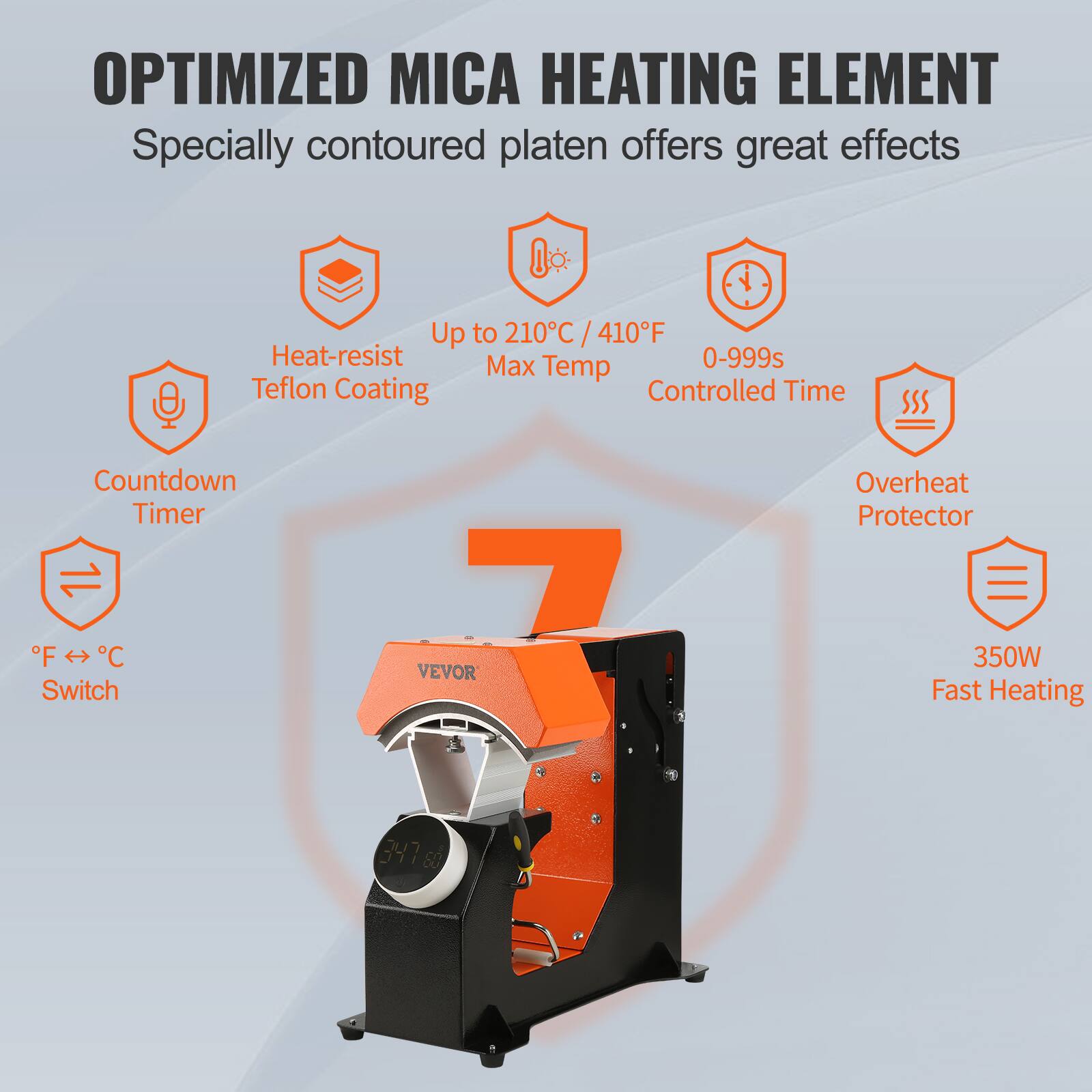 OPTIMIZED MICA HEATING ELEMENT  
Specially contoured platen offers great effects

- Heat-resist Teflon Coating
- Up to 210°C / 410°F Max Temp
- 0-999s Controlled Time
- Countdown Timer
- Overheat Protector
- °F ↔ °C Switch
- 350W Fast Heating