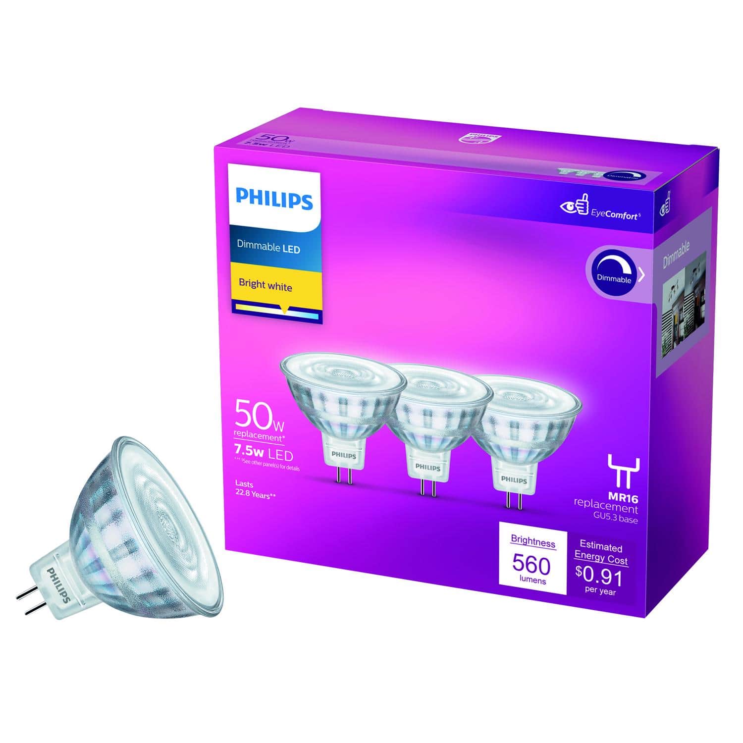 Philips - MR16 GU5.3 LED Floodlight Bulb Bright White 50 Watt Equivalence 3 pk