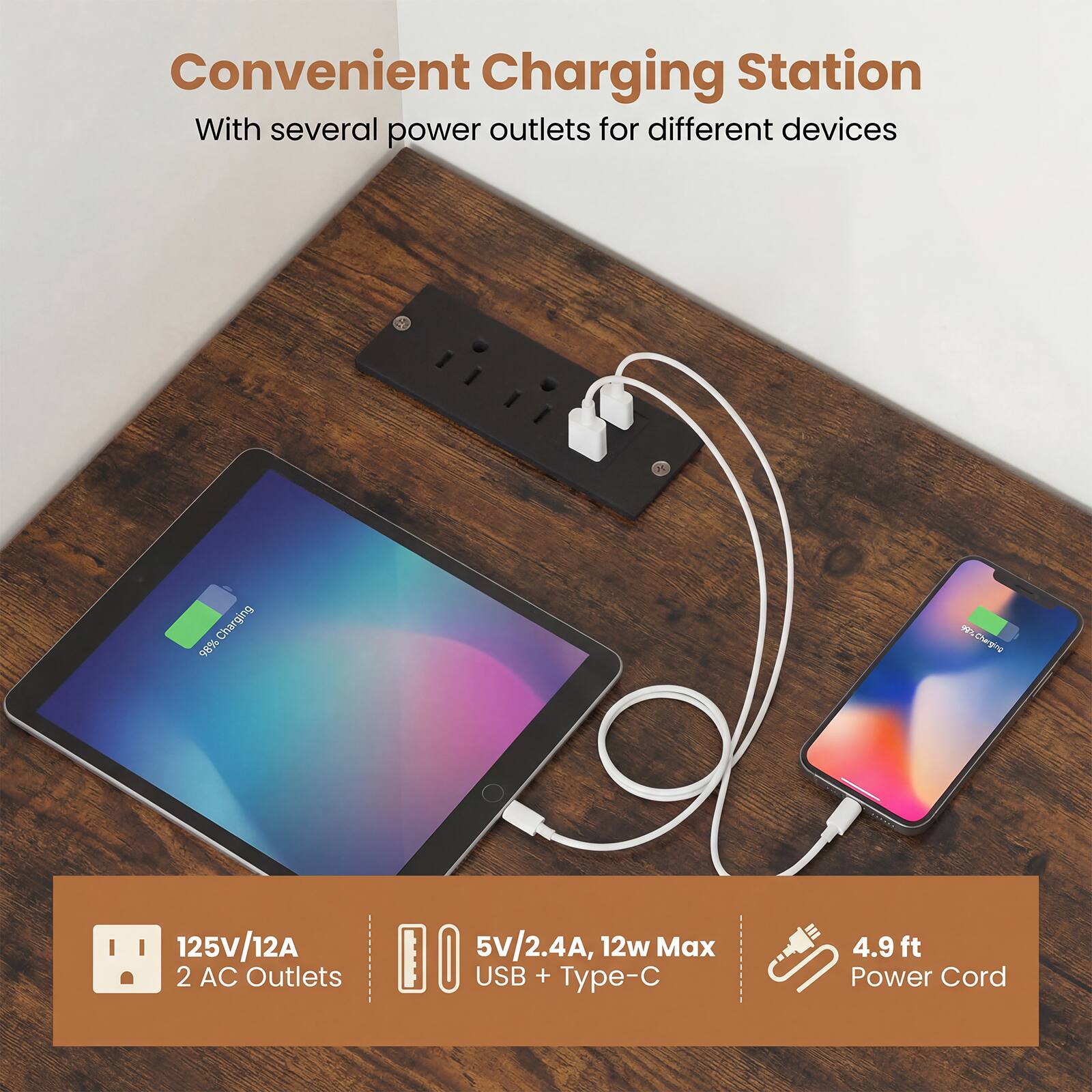 Convenient Charging Station  
With several power outlets for different devices

- 125V/12A  
- 2 AC Outlets  
- 5V/2.4A, 12w Max USB + Type-C  
- 4.9 ft Power Cord