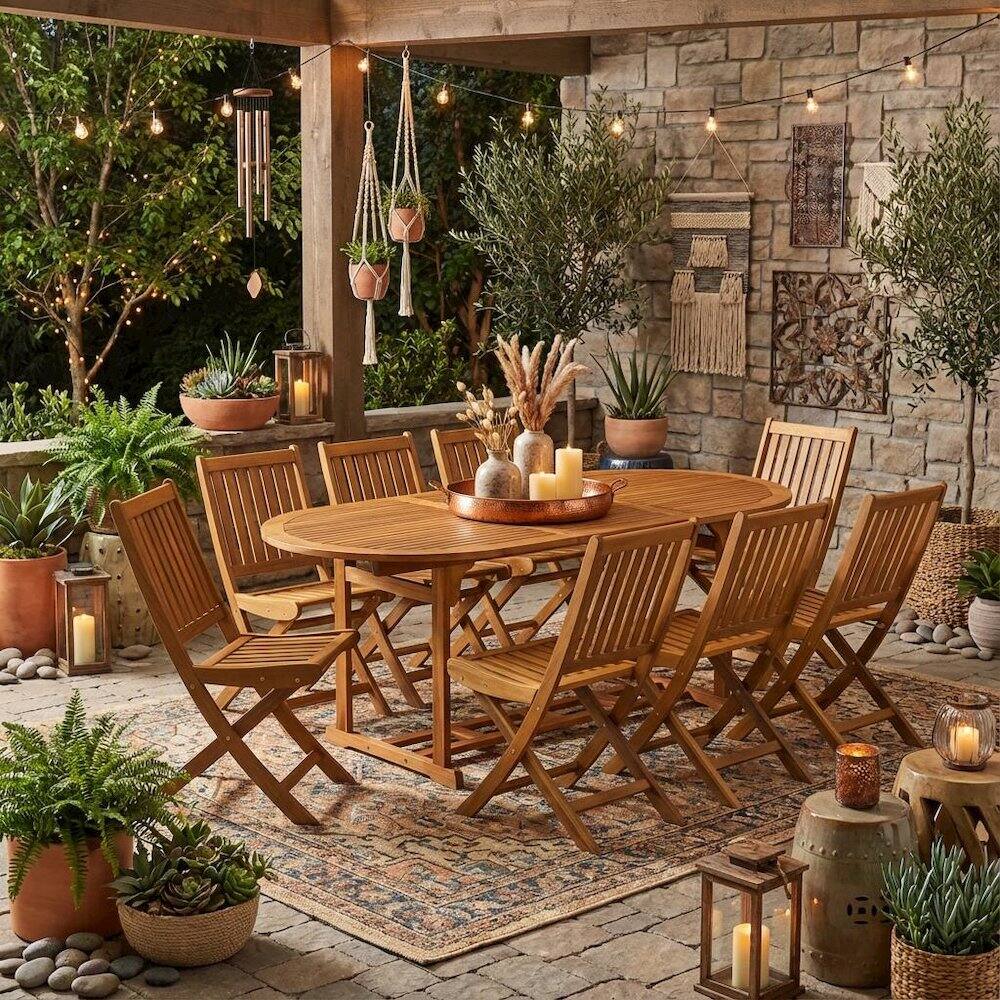 Alt View 2. Outdoor Escape - 9-Piece Patio Set with Oil Finish - Natural Oil.