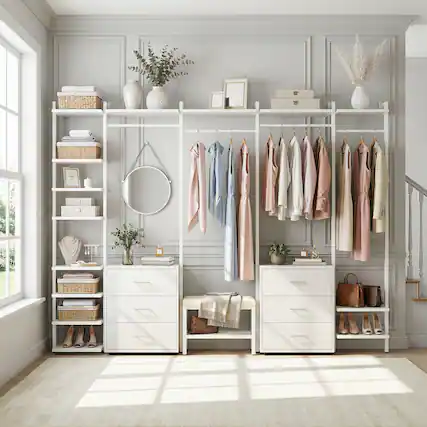 Front. Aheaplus - 8FT Wood Closet Organizer with 6 Drawers and Hanging Rack for Bedroom Storage - White.