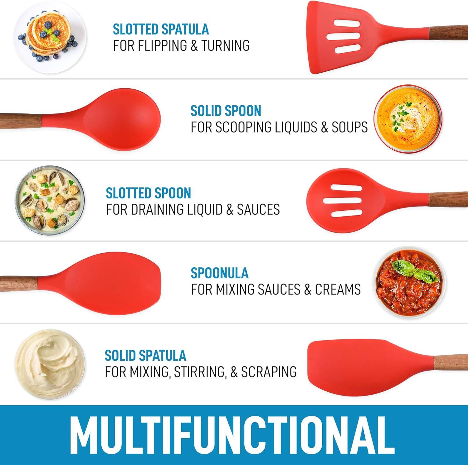 - SLOTTED SPATULA  
  FOR FLIPPING & TURNING

- SOLID SPOON  
  FOR SCOOPING LIQUIDS & SOUPS

- SLOTTED SPOON  
  FOR DRAINING LIQUID & SAUCES

- SPOONULA  
  FOR MIXING SAUCES & CREAMS

- SOLID SPATULA  
  FOR MIXING, STIRRING, & SCRAPING

MULTIFUNCTIONAL