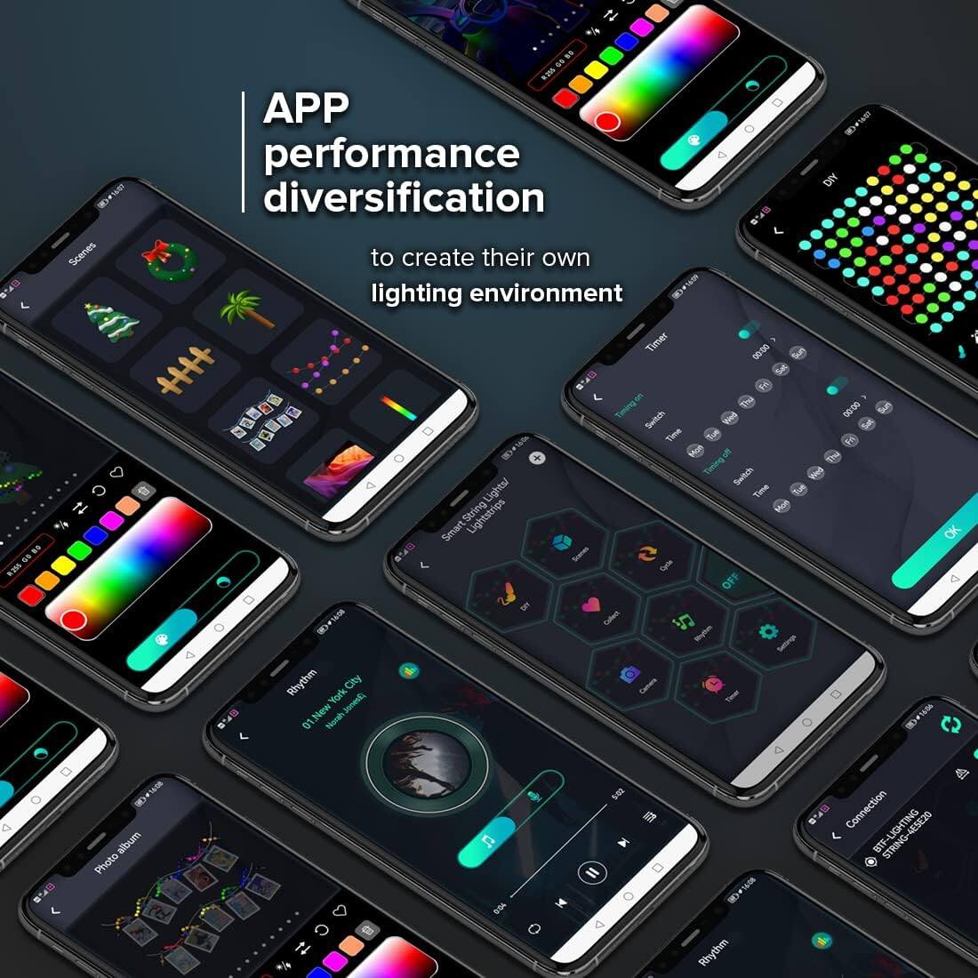 Sure, here is the corrected and grouped text:

---

**APP performance diversification**

to create their own lighting environment

- 8250
- 5 MEN
- APP performance
- diversification
- WST
- diversification
- W S
- Scenes
- to create their own lighting environment
- 9w Timer
- 00:00 H
- 3 : 2 Timingon
- 2 Switch
- E Time
- 1 %
- + A Timingf
- Gartie Lights/
- Time
- a SmartString
- Smart Lightstrips
- Ss
- O 00:50
- 3 I Thu
- OK
- 1 WH
- tan
- Rhythm
- City
- York
- Jones
- 5
- 01.New
- 1
- Calerr
- 5 -t
- Cammc
- I
- 10 mudis
- Photo
- 1
- 9
- Connection
- 4ESE20
- TP STRING-4ESE20
- t1
- Sthythem

---