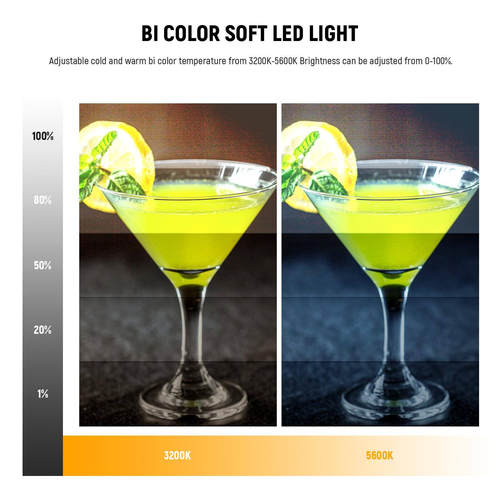 BI COLOR SOFT LED LIGHT

Adjustable cold and warm bi color temperature from 3200K-5600K. Brightness can be adjusted from 0-100%.

100% 80% 50% 20% 1%

3200K 5600K