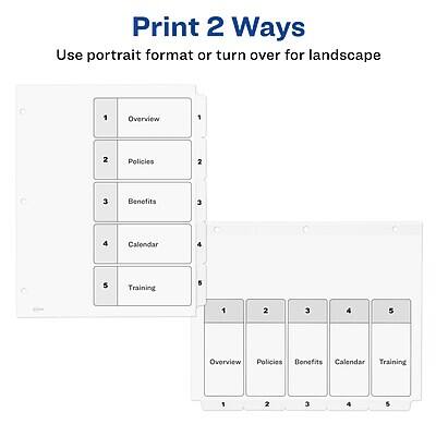 Print 2 Ways  
Use portrait format or turn over for landscape

1. Overview  
2. Policies  
3. Benefits  
4. Calendar  
5. Training  

1 2 3 4 5  
Overview Policies Benefits Calendar Training
