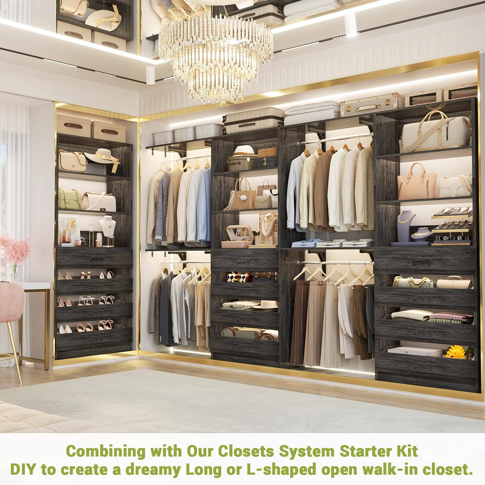Combining with Our Closets System Starter Kit DIY to create a dreamy Long or L-shaped open walk-in closet.