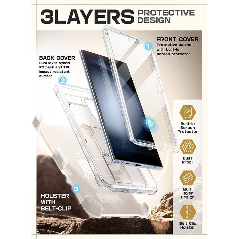 **3LAYERS PROTECTIVE DESIGN**

**BACK COVER**  
Dual-layer hybrid PC back and TPU impact resistant bumper

**FRONT COVER**  
Protective casing with built-in screen protector

**HOLSTER WITH BELT-CLIP**

- Built-in Screen Protector
- Dust Proof
- Multi layer Design
- Belt Clip Holster