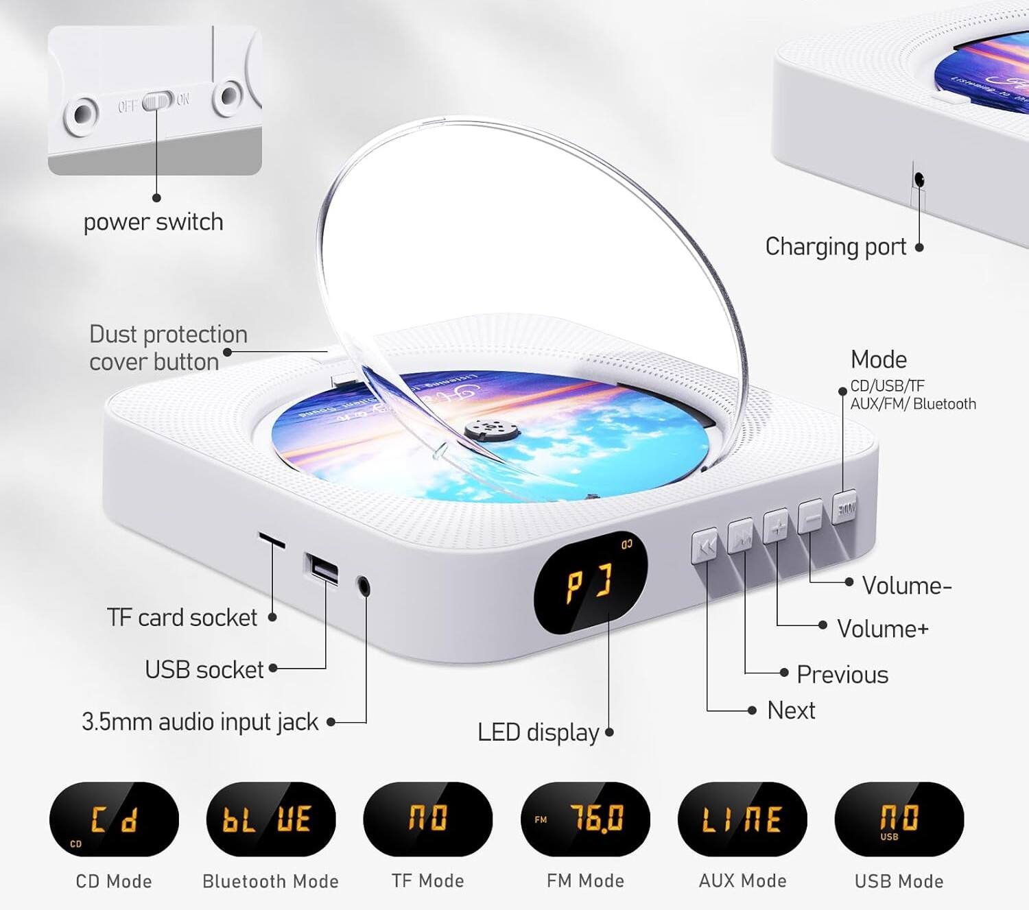 - Power switch
- Charging port
- Dust protection cover button
- Mode: CD/USB/TF AUX/FM/Bluetooth
- TF card socket
- Volume-
- Volume+
- USB socket
- 3.5mm audio input jack
- LED display
- Previous
- Next

Modes:
- CD Mode
- Bluetooth Mode
- TF Mode
- FM Mode
- AUX Mode
- USB Mode