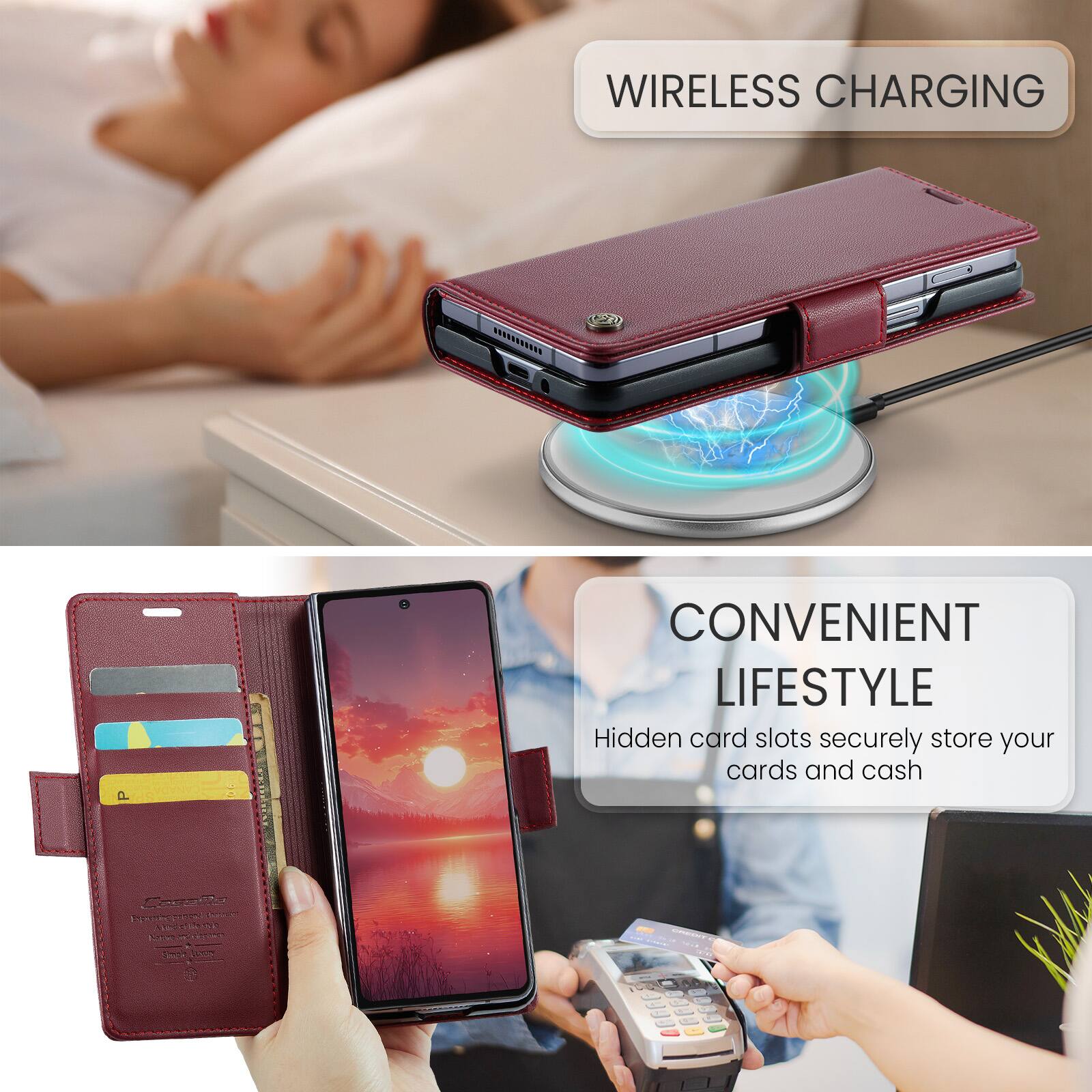 WIRELESS CHARGING

CONVENIENT LIFESTYLE

Hidden card slots securely store your cards and cash