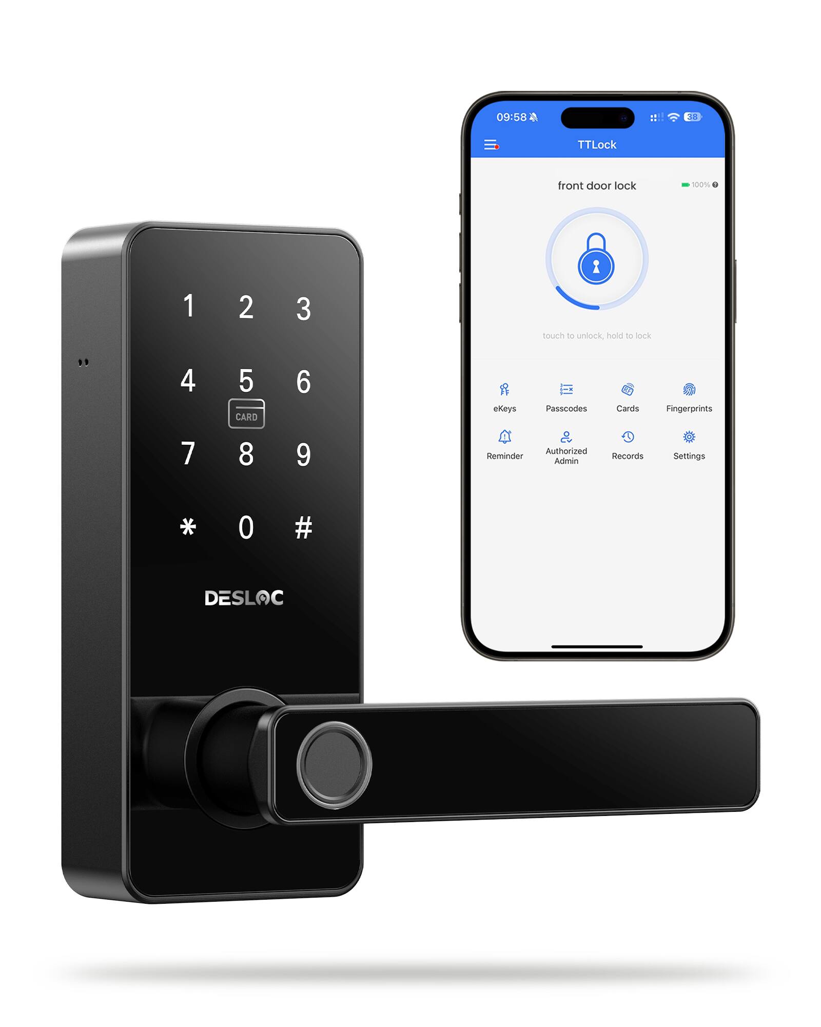 09:58 18 TTLock front door lock 100% 1 2 3 touch to unlock, hold to lock 4 5 CARD 6 eKeys Passcodes Cards Fingerprints 7 8 9 Authorized Reminder Admin Records Settings * 0 # DESLOC