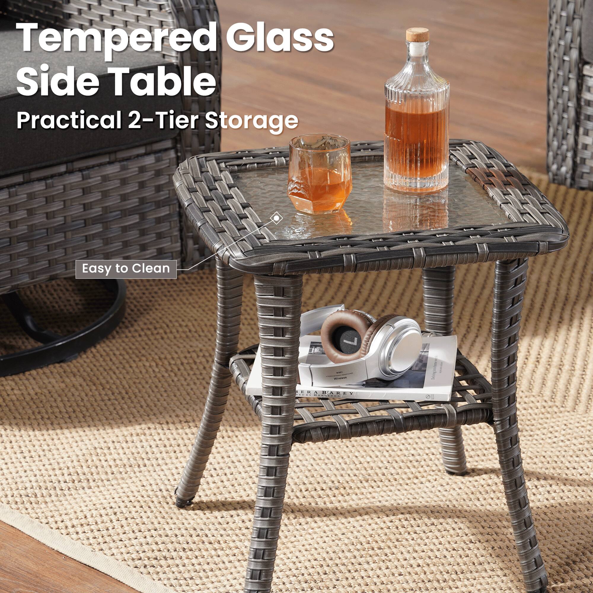 Tempered Glass Side Table  
Practical 2-Tier Storage  
Easy to Clean