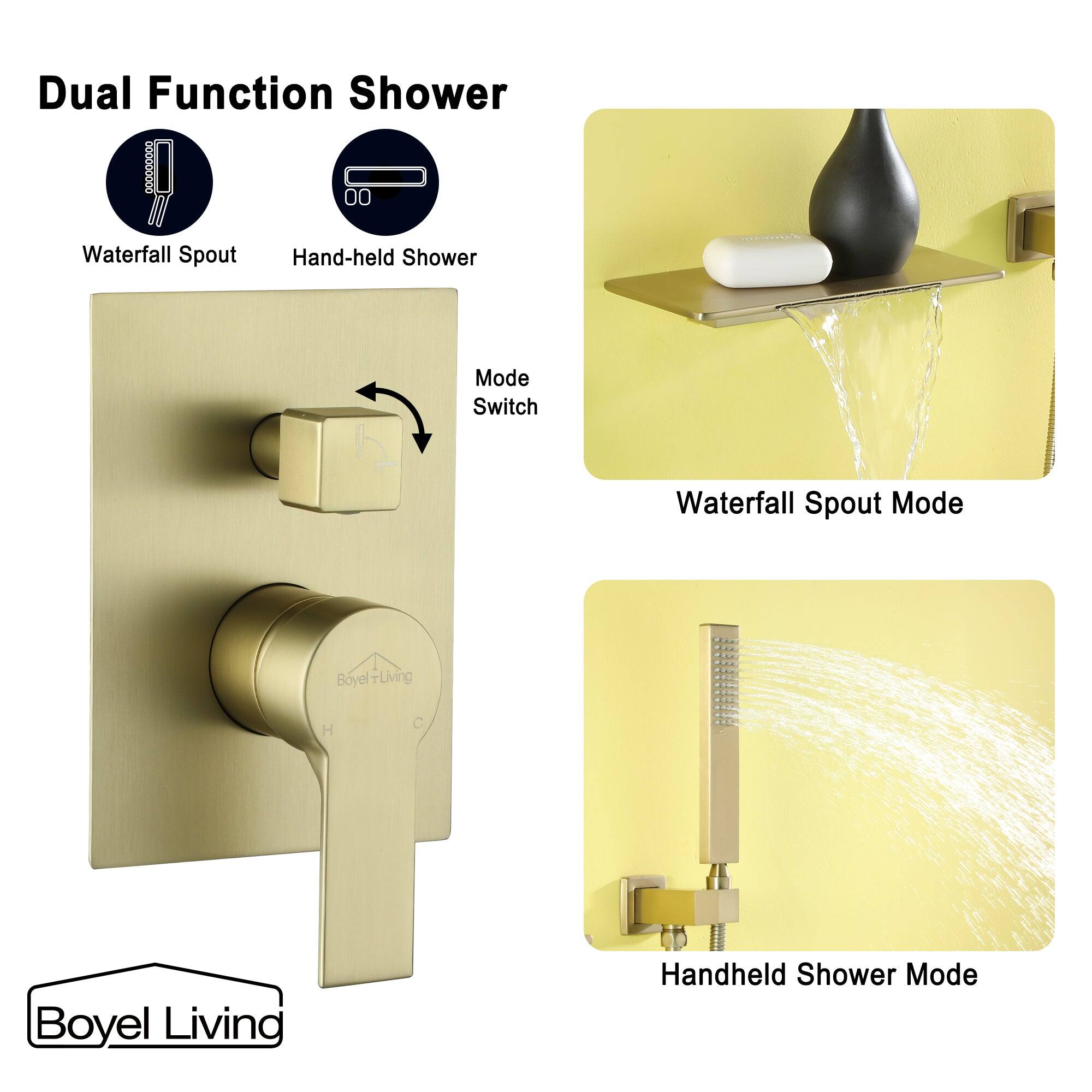Dual Function Shower, Waterfall Spout, Hand-held Shower, Mode Switch, Waterfall Spout Mode, Handheld Shower Mode, Boyel Living