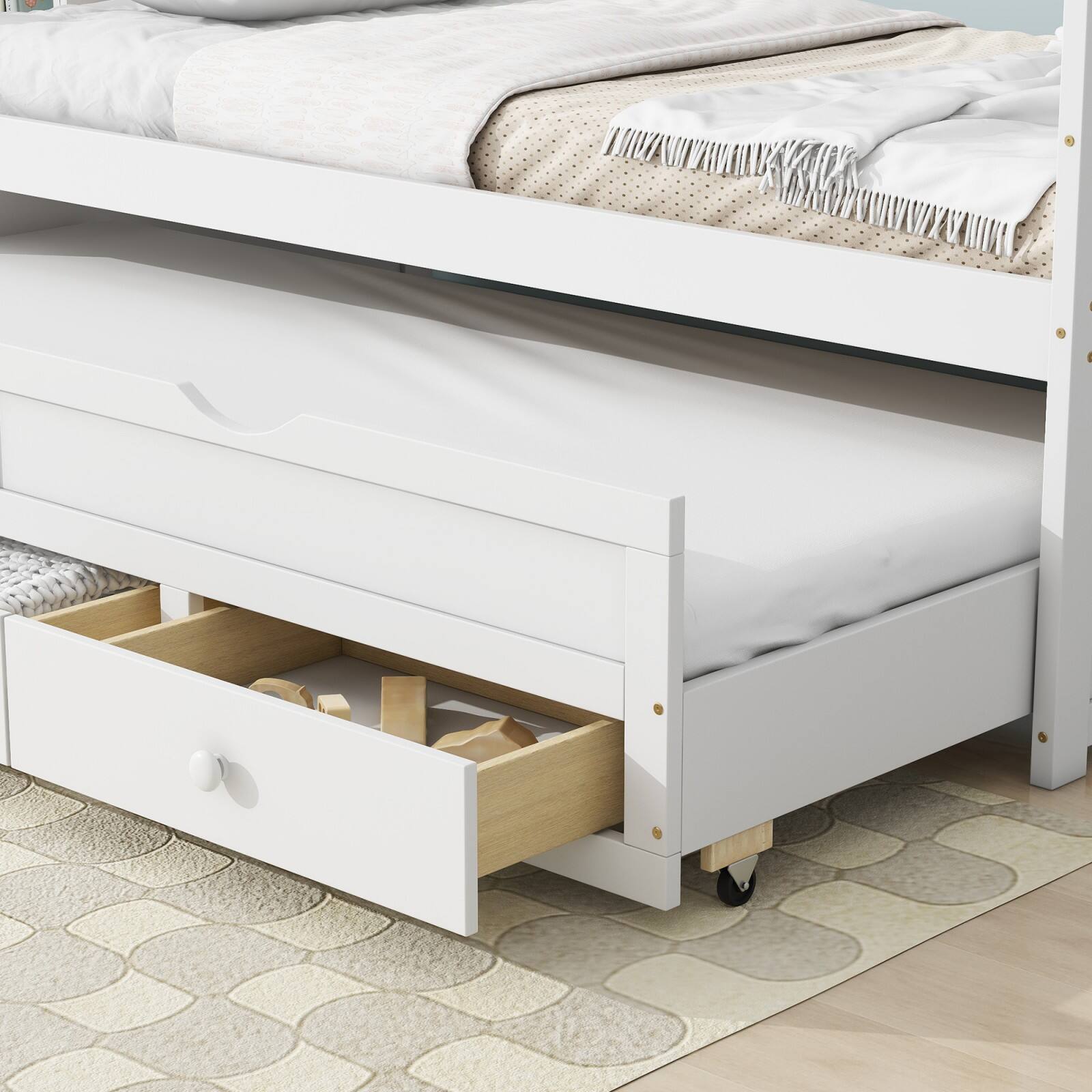 Alt View 5. Ecooso - Twin Size Bed with Headboard, Footboard, Trundle and Three Storage Drawers, Twin Size Pine Wood Bed with Headboard - White.
