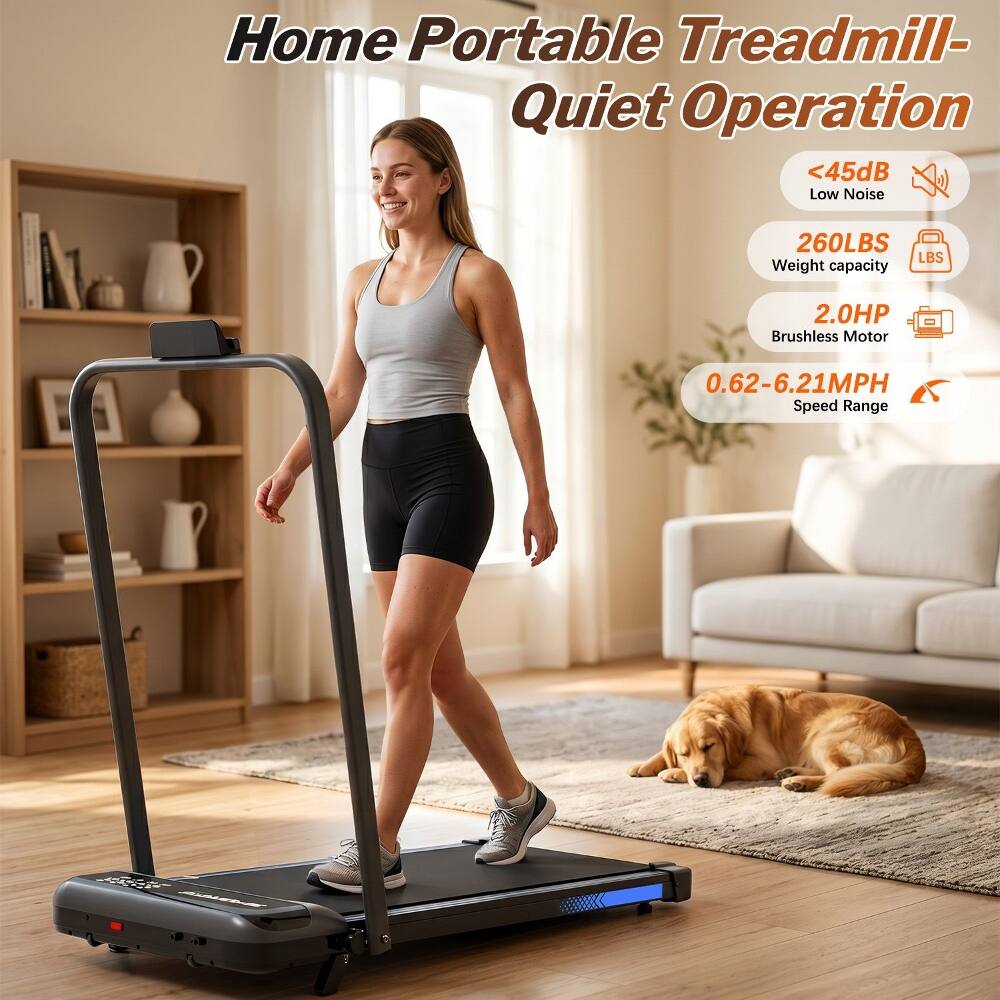 Home Portable Treadmill - Quiet Operation  
<45dB Low Noise  
260LBS Weight Capacity  
2.0HP Brushless Motor  
0.62-6.21MPH Speed Range