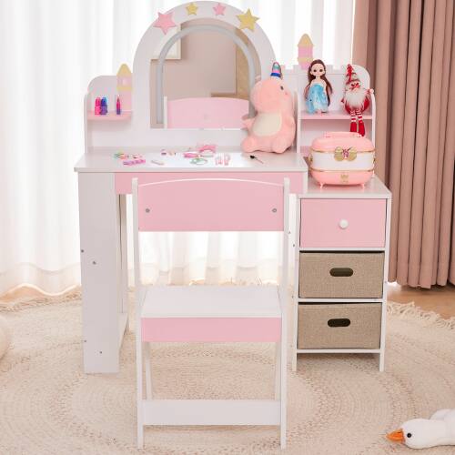 Alt View 1. Winado - 2-in-1 Vanity Makeup Table Study Desk Chair Set with 3 Color Mirror & Side Storage Shelves Kids Girls Christmas Gift - White & Pink.