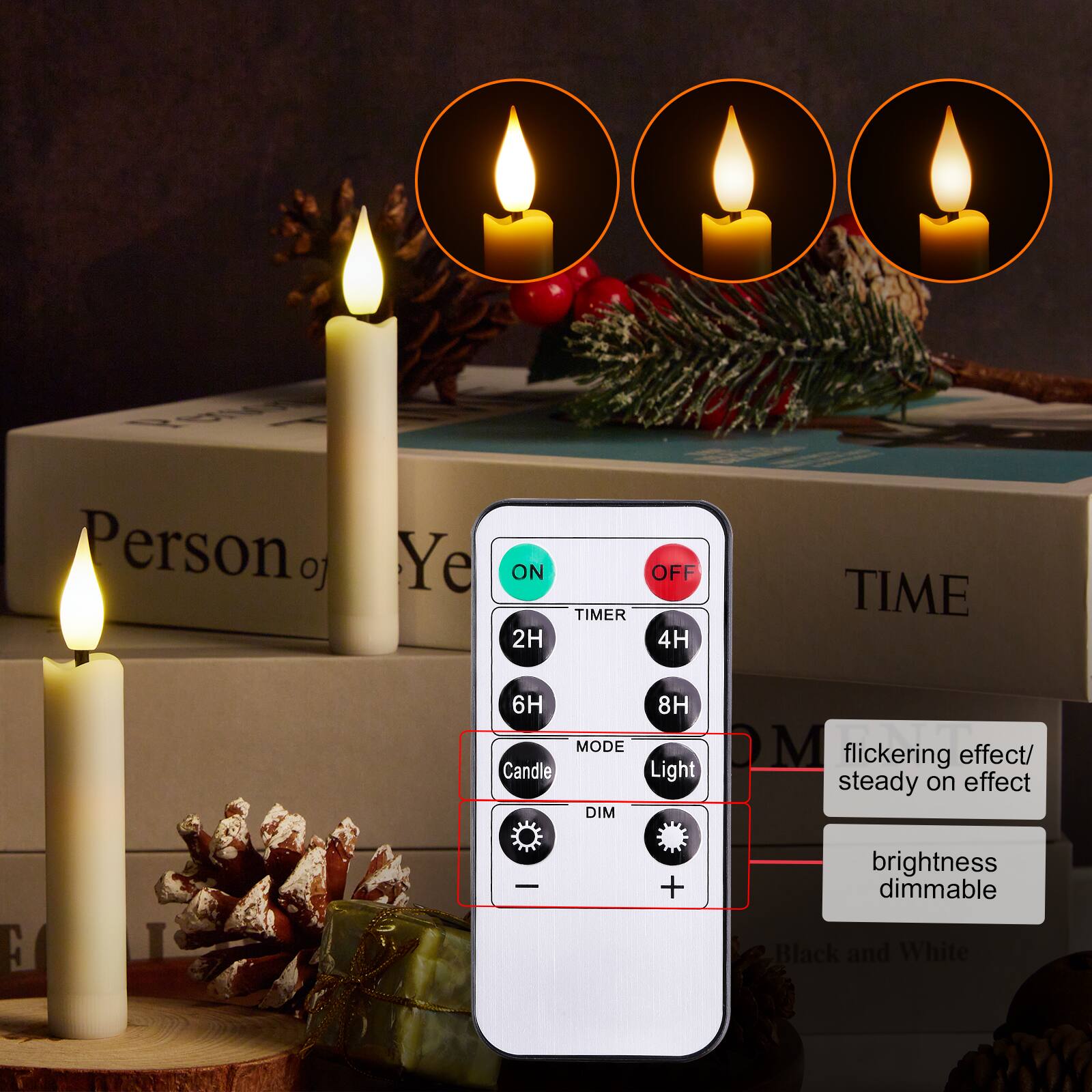 Person of Ye

ON 2H
OFF TIMER 4H
TIME
6H 8H MODE flickering effect/ Candle Light steady on effect DIM
brightness dimmable Black and White