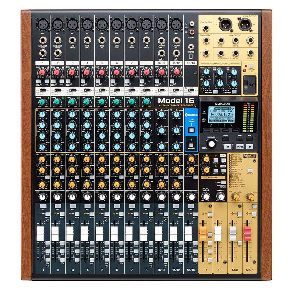 OUTPUM o0TE - - S. BUTaL U BUTT - - MEN STERS 1 4 6 7 9/10 11/12 13/14 SECTIEN 1. D Model 16 MIKER/INTERFACE/RECORDERG 0 Buetooth TASCAM I CC CN S ... 00.01-21: 00 E:28 10 .. - 1 2 3 4 5 6 7 8 9/10 11/12 13/14 FX CR SUB MAIN