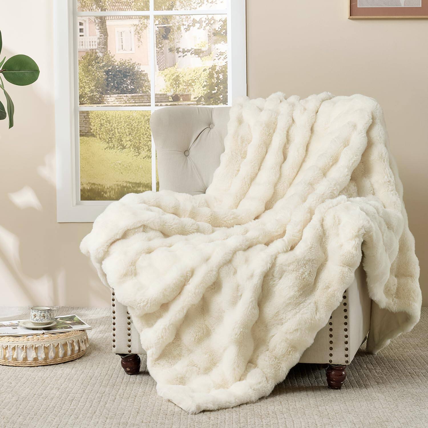 Front. NICHOLAS KLEIN - Fluffy Faux King Size Blanket For Bed Couch 90x106 Inches Luxury Ultra Soft Thick Fuzzy Plush Bubble Revers... - Ivory White Twin- 60" x 80".
