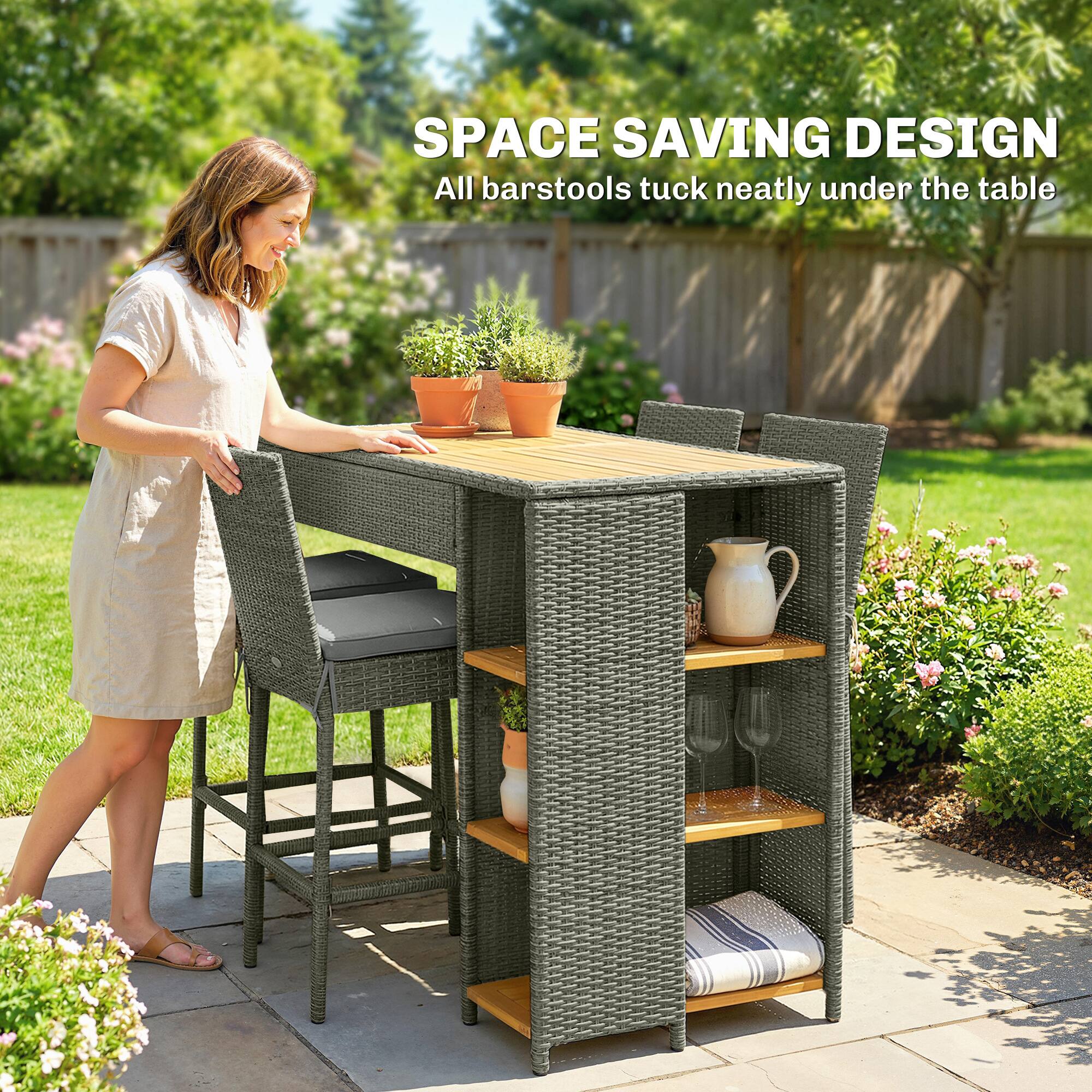 SPACE SAVING DESIGN  
All barstools tuck neatly under the table