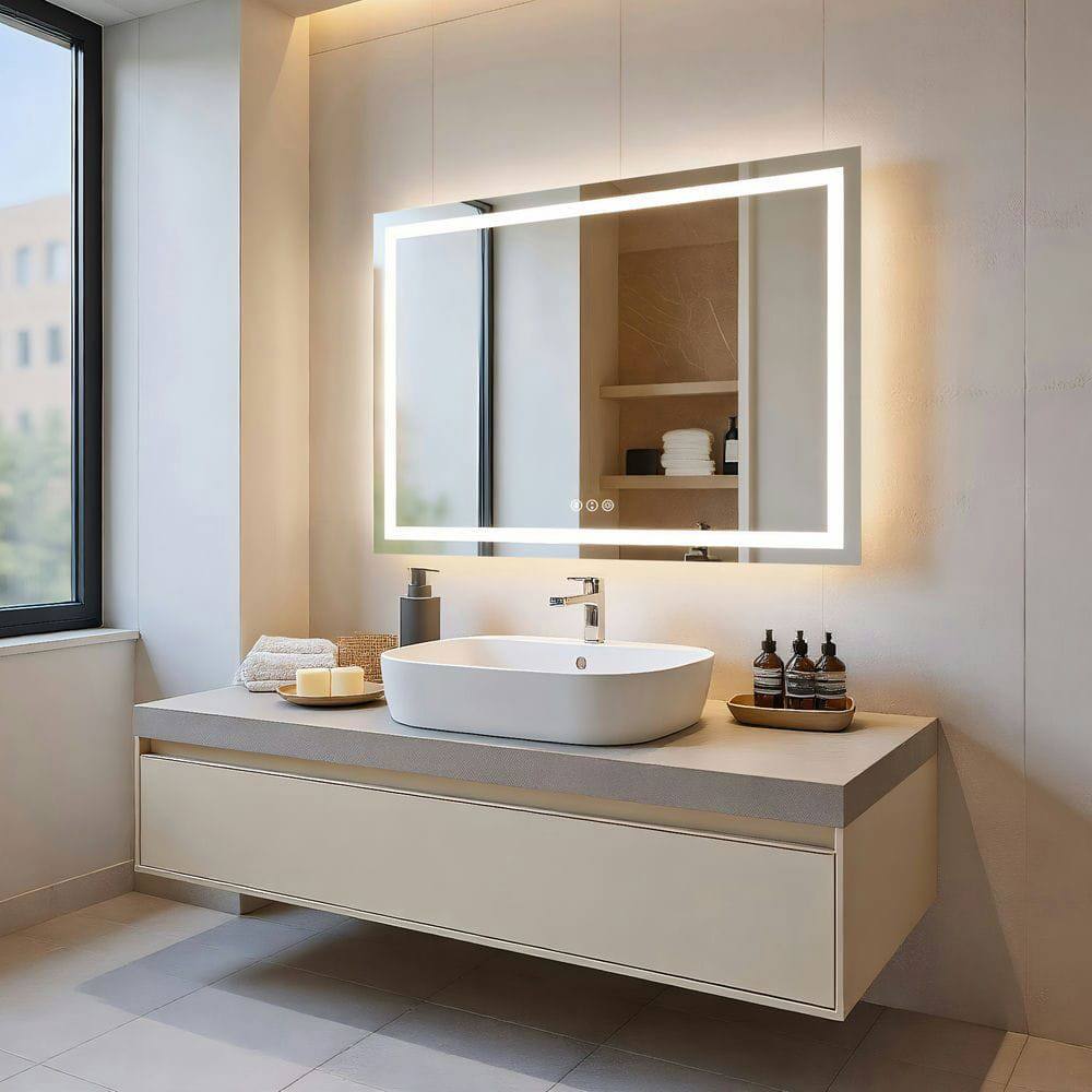 Alt View 5. Kadyn - 48x32 Inch Extra Wide Frameless Rectangle LED Bathroom Mirror for Large Walls.
