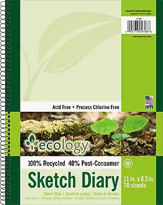 PACON CORPORATION
Acid Free • Process Chlorine Free
100% Recycled 40% Post-Consumer
Sketch Diary
11 in. x 8.5 in.
70 sheets
Sketch Diary | Carnet de croquis | Diario de Bocetos
11 in. x 8.5 in. | 27.9 cm x 21.5 cm | 70 hojas
ecology
