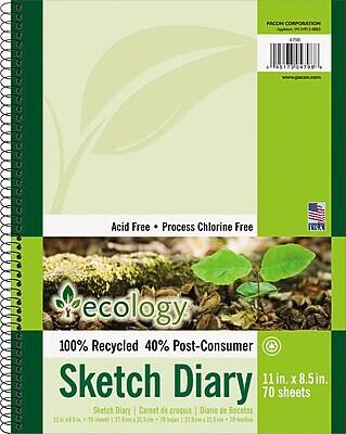 PACON CORPORATION  
Acid Free • Process Chlorine Free  
100% Recycled 40% Post-Consumer  
Sketch Diary  
11 in. x 8.5 in.  
70 sheets  
Sketch Diary | Carnet de croquis | Diario de Bocetos  
11 in. x 8.5 in. | 27.9 cm x 21.5 cm | 70 hojas  
ecology